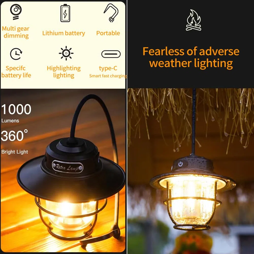Luce di campeggio esterna ricaricabile LED, Mini luce di emergenza portatile della tenda, Nuovo Cavallo Lampada a 4 velocità Modalità bianca e calda luci, ambra e luci bianca calda.