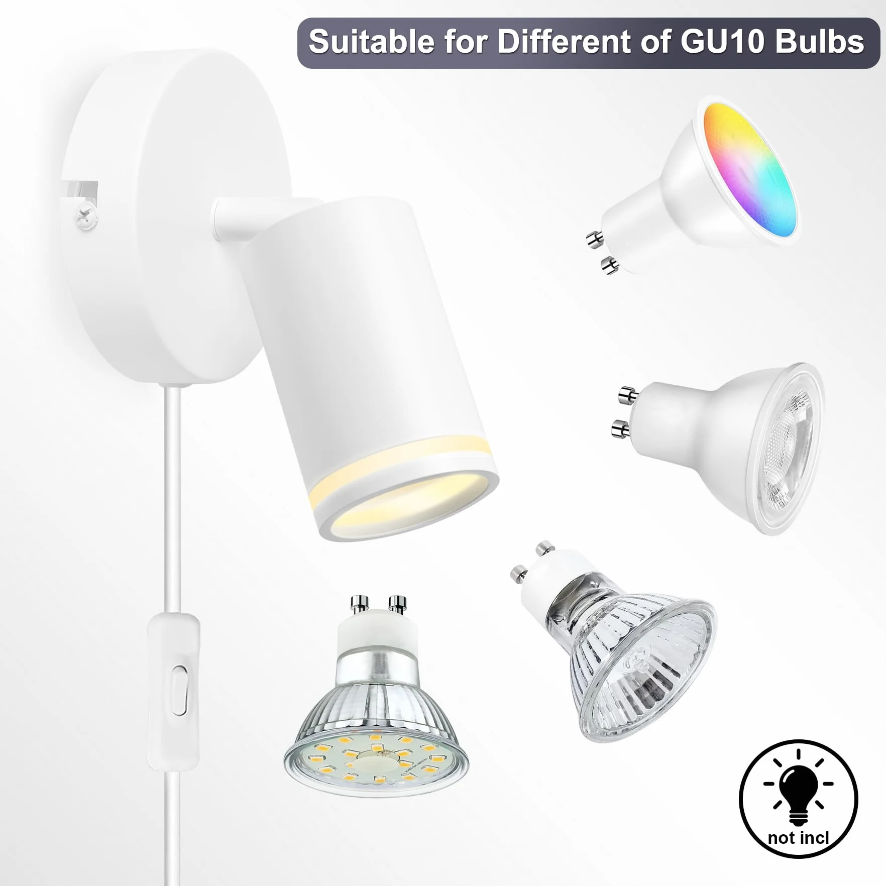 Applique da Parete Interno Moderna, Bianco Applique LED da Parete Orientabile, GU10 Lampada da Parete Interno con Spina Interruttore, Alluminio Lampade da Muro per Camera da Letto Soggiorno