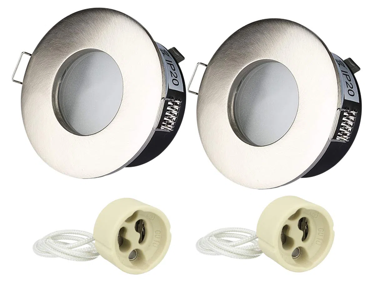 LEDLUX 2 Pezzi Porta Faretto Impermeabile, Porta Faretti da Incasso GU10 MR16, IP54 Per Luci Incasso Da Bagno e Esterno (Rotondo, Nichel Satinato)