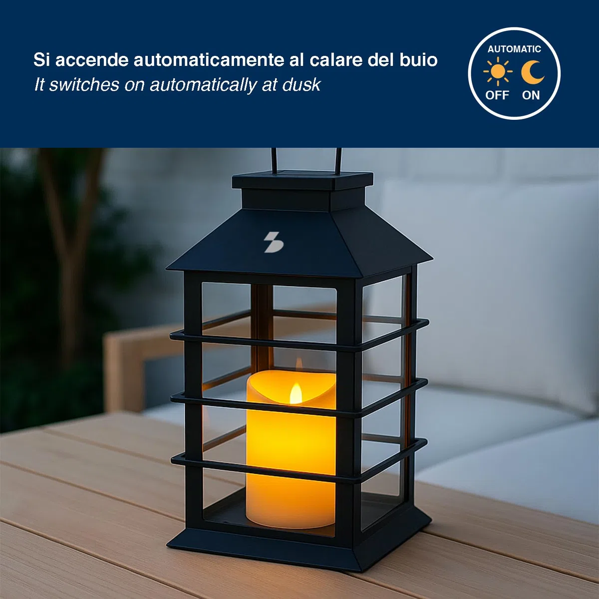 BEPER P207ILO303 Lanterna Solare con Candela LED Effetto Fiamma, Lampada Solare da Esterno con Gancio, Accensione Automatica, Luce Calda Tremolante, IP44 per Giardino e Balcone