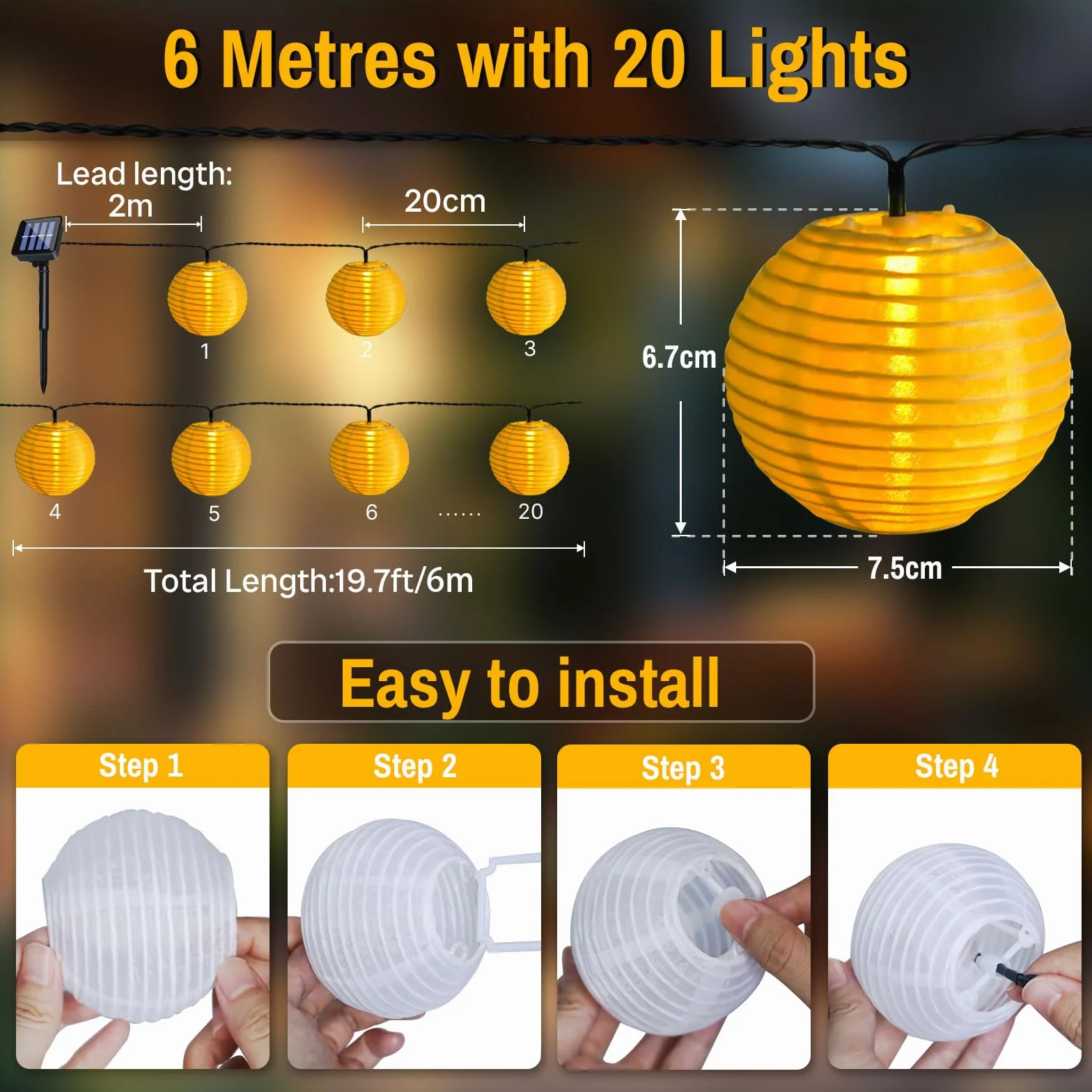 Catena Luci da Solari Esterno Giardino, 6M/20FT 20LED Lanterne, Lanterne Catena Solare 8 Modalità, IP65 Impermeabile, Decorative per Giardini, Balconi, Patio, Gazebo, Festival(Bianco Caldo)