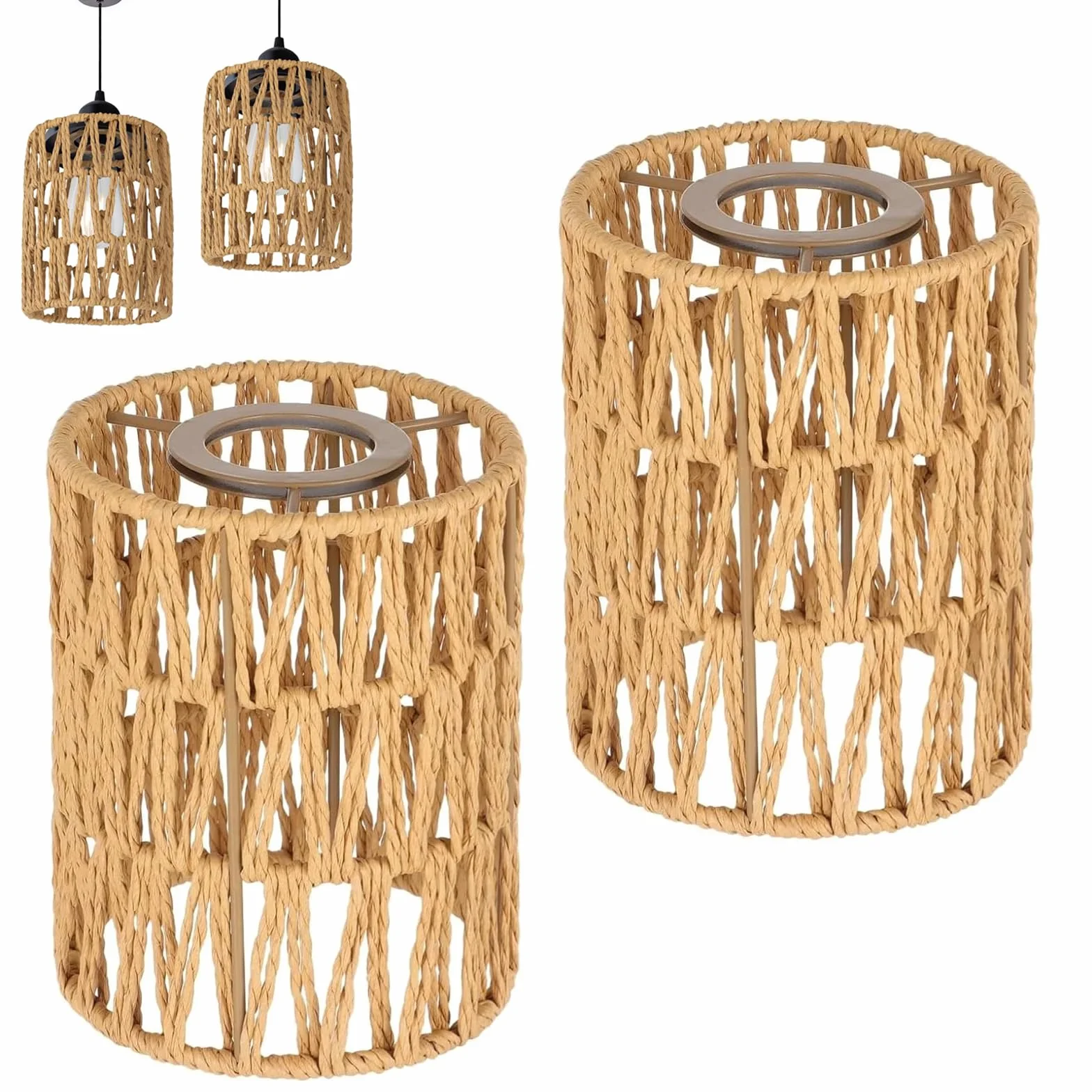 2 Pezzi Paralume in Rattan Boho, Paralume a Cilindro in Rattan per Lampada a Sospensione, Soffitto, da Terra e da Esterno – Tessuto a Intreccio Manuale, Design Moderno e Atmosafera Accogliente