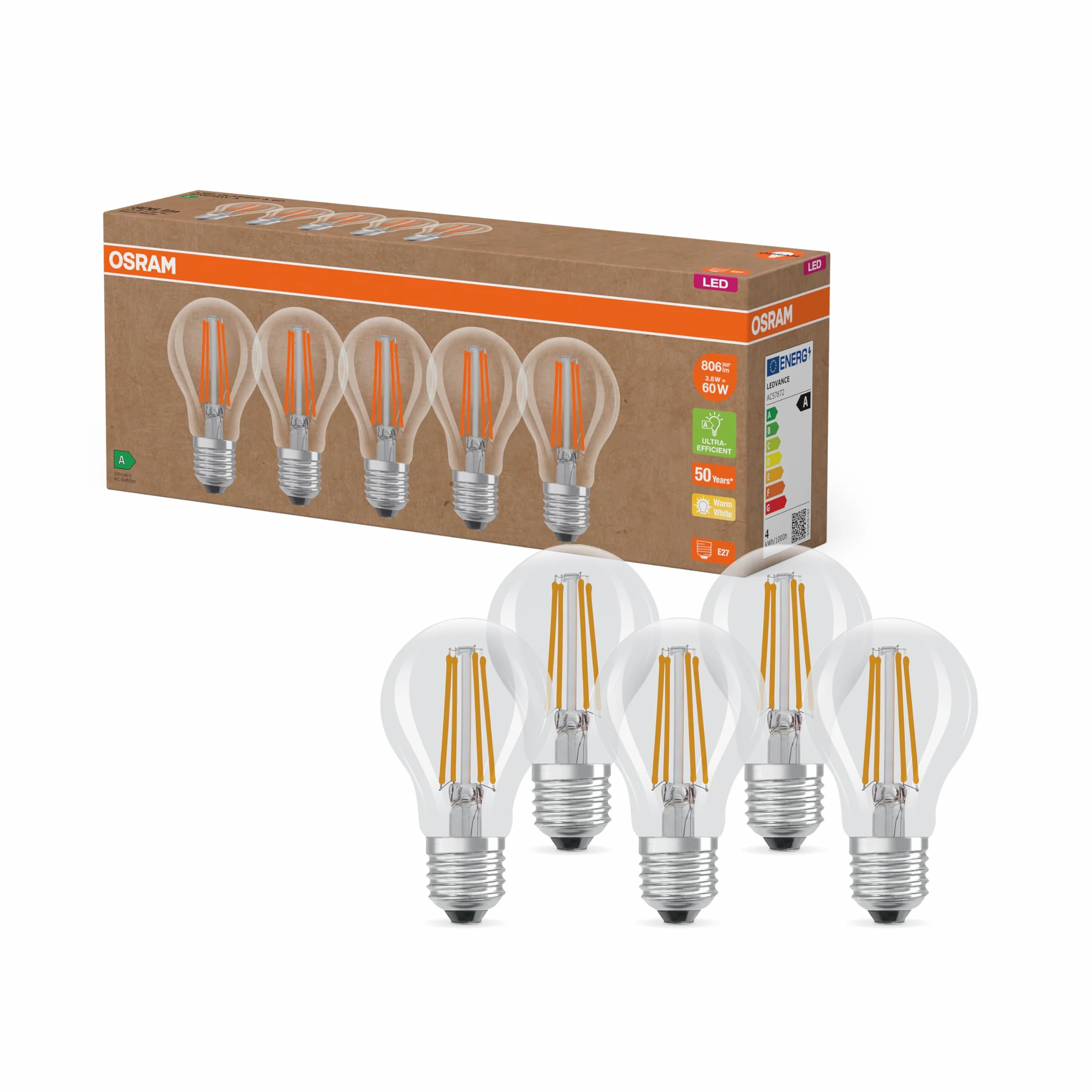 OSRAM Lampade LED ad alta efficienza con classe di efficienza energetica A, Confezione vantaggiosa con 5 lampadine, sostituzione 60W, bianco caldo (2700K), E27, vetro a filamento