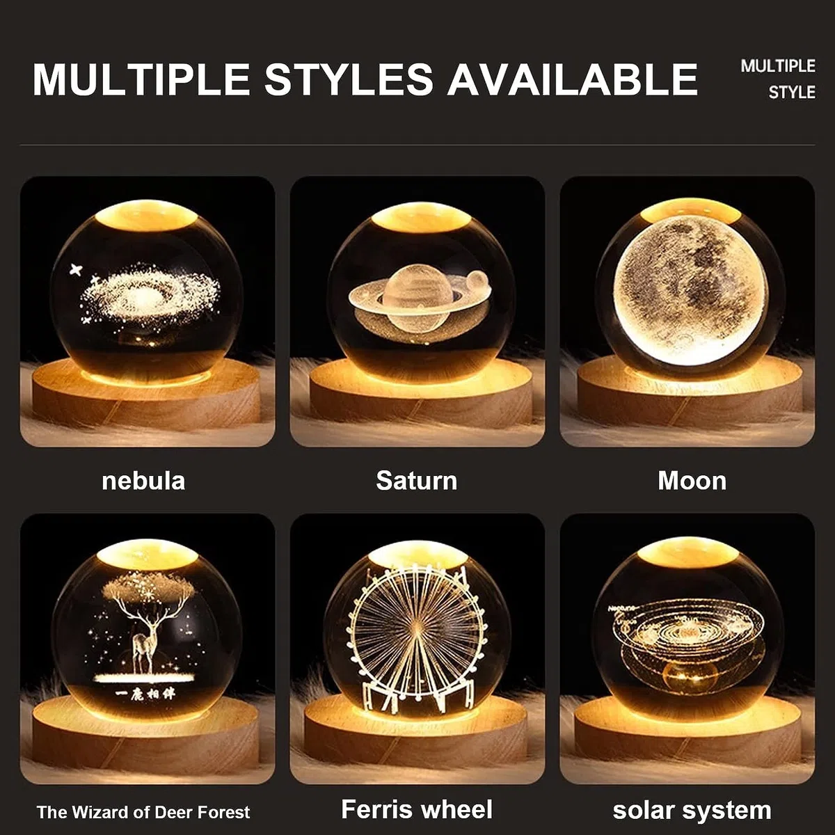 Iordan Sfera di cristallo 3D con motivo con alce, luce notturna per bambini a forma di sfera in vetro, lampada da notte con base in legno, tema fantasy con alce, decorazione in cristallo, con LED,