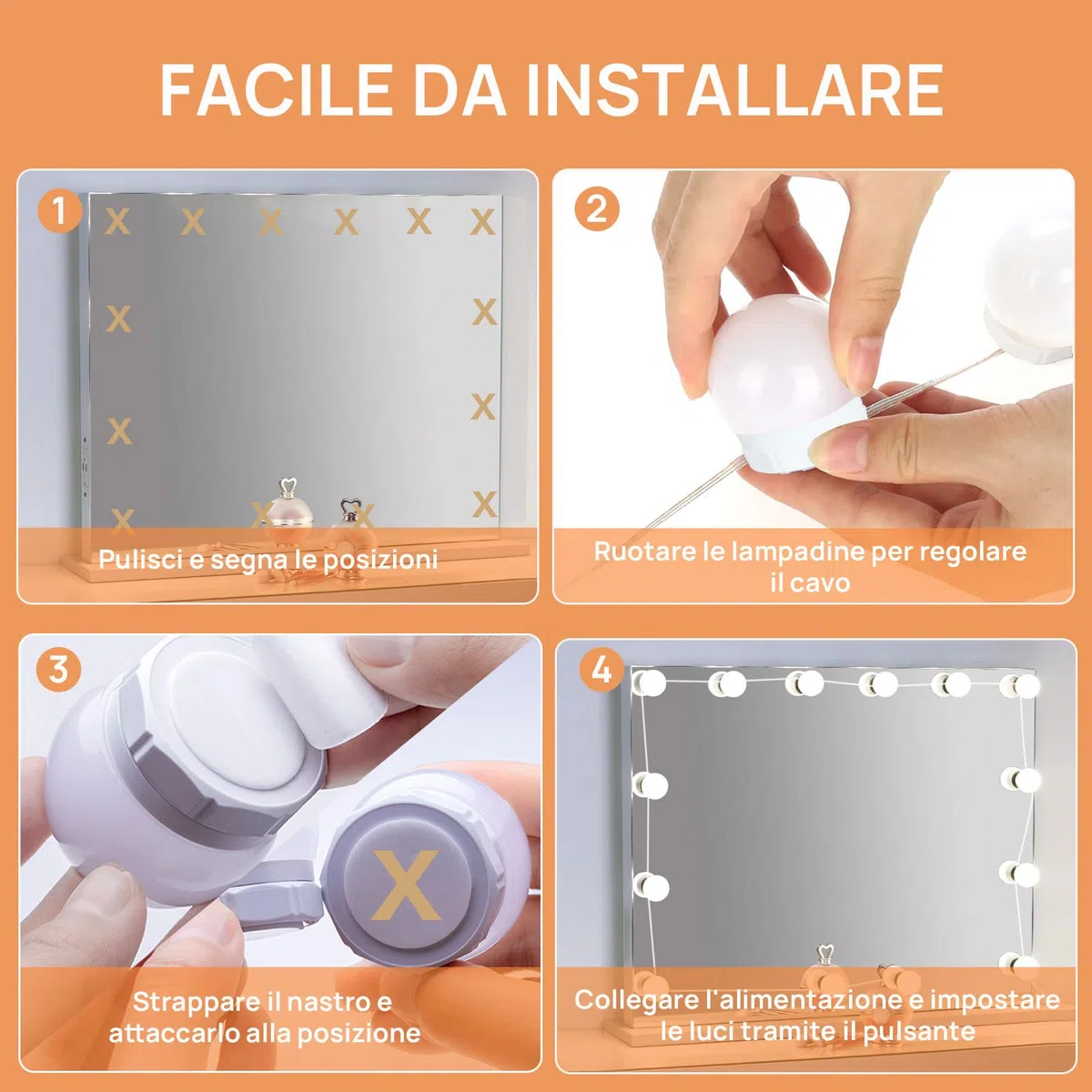 Akynite Luci Hollywood 14 Lampadine per Specchio Trucco, Filo Perfettamente Nascosti, 3 Colori e 10 Intensità Regolabile, Luci Make Up da Trucco Adesive, Kit Luce LED Specchio Camera da Letto