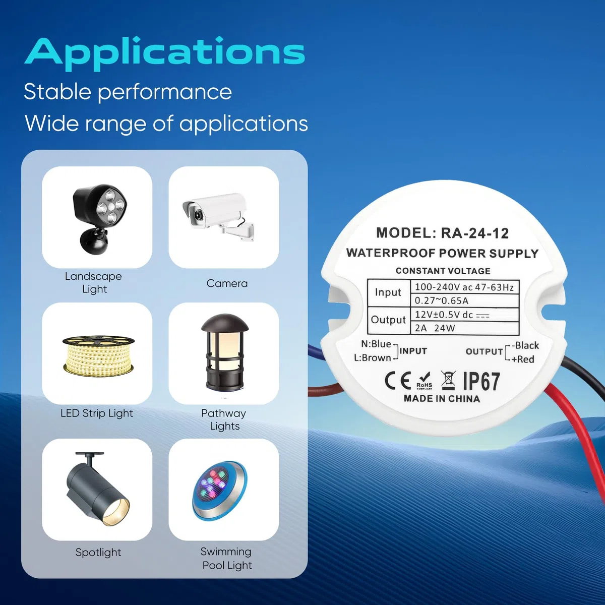 Trasformatore LED 220V a 12V DC 24W 2A, IP67 Alimentatore Rotondo Ø48mm con 2 Connettori per LED Interno ed Esterno