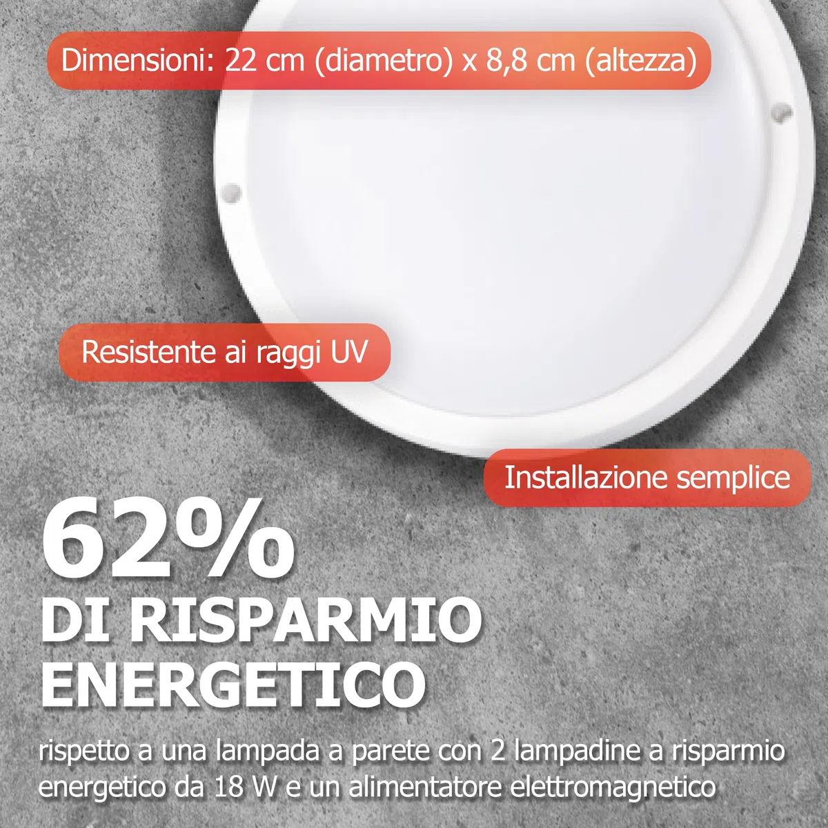 PILA Applique LED per interni ed esterni, diametro 22 cm e altezza 8,8 cm, luce bianca neutra (4000K), bianco, 20W, non dimmerabile, 1600 lumen, CRI80, IP54, IK06, 35.000 ore di durata utile