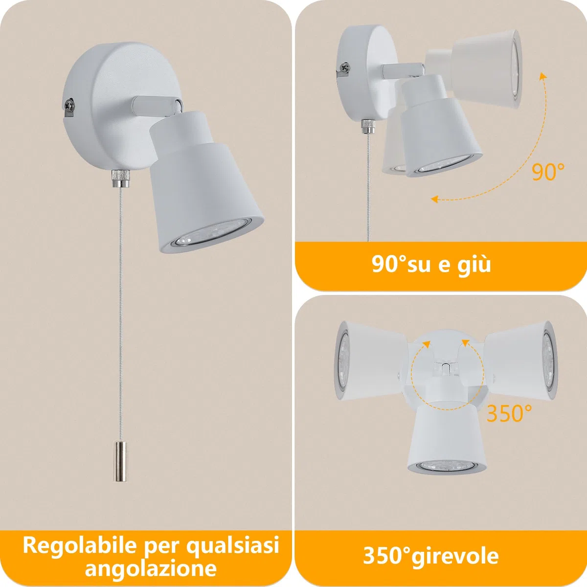 Bianco Lampada da Parete con Interruttore a Tirante GU10 - Moderna Lampada da Parete per Interni - Applique da Parete con Interruttore per Camera da Letto Soggiorno Cucina - Senza Lampadina
