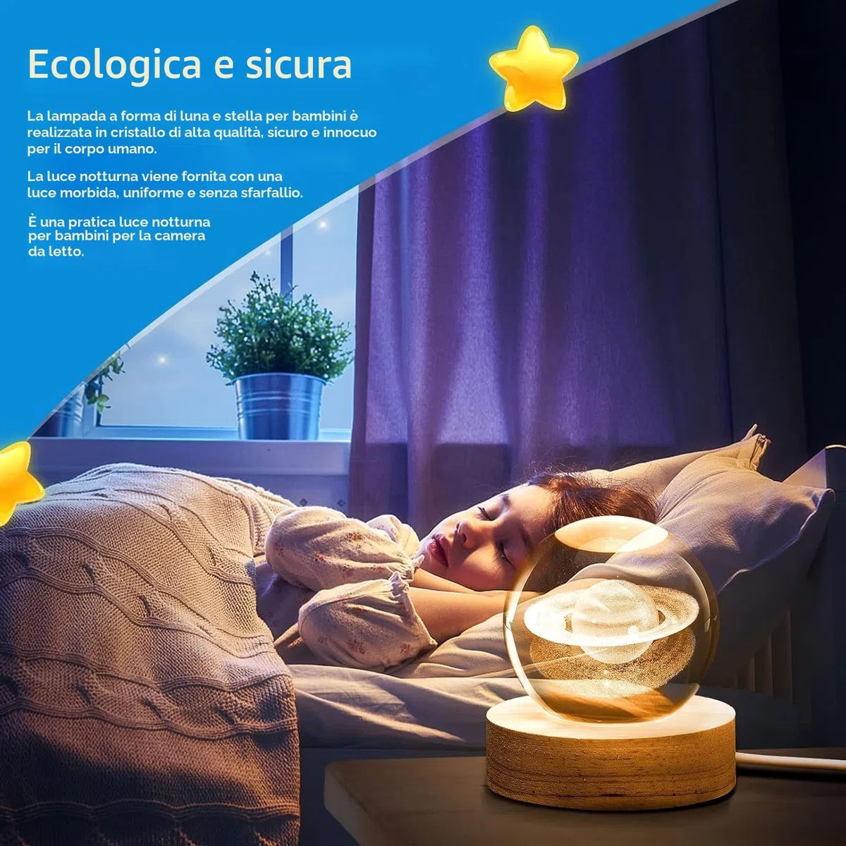 Iordan Sfera di cristallo 3D con motivo con alce, luce notturna per bambini a forma di sfera in vetro, lampada da notte con base in legno, tema fantasy con alce, decorazione in cristallo, con LED,