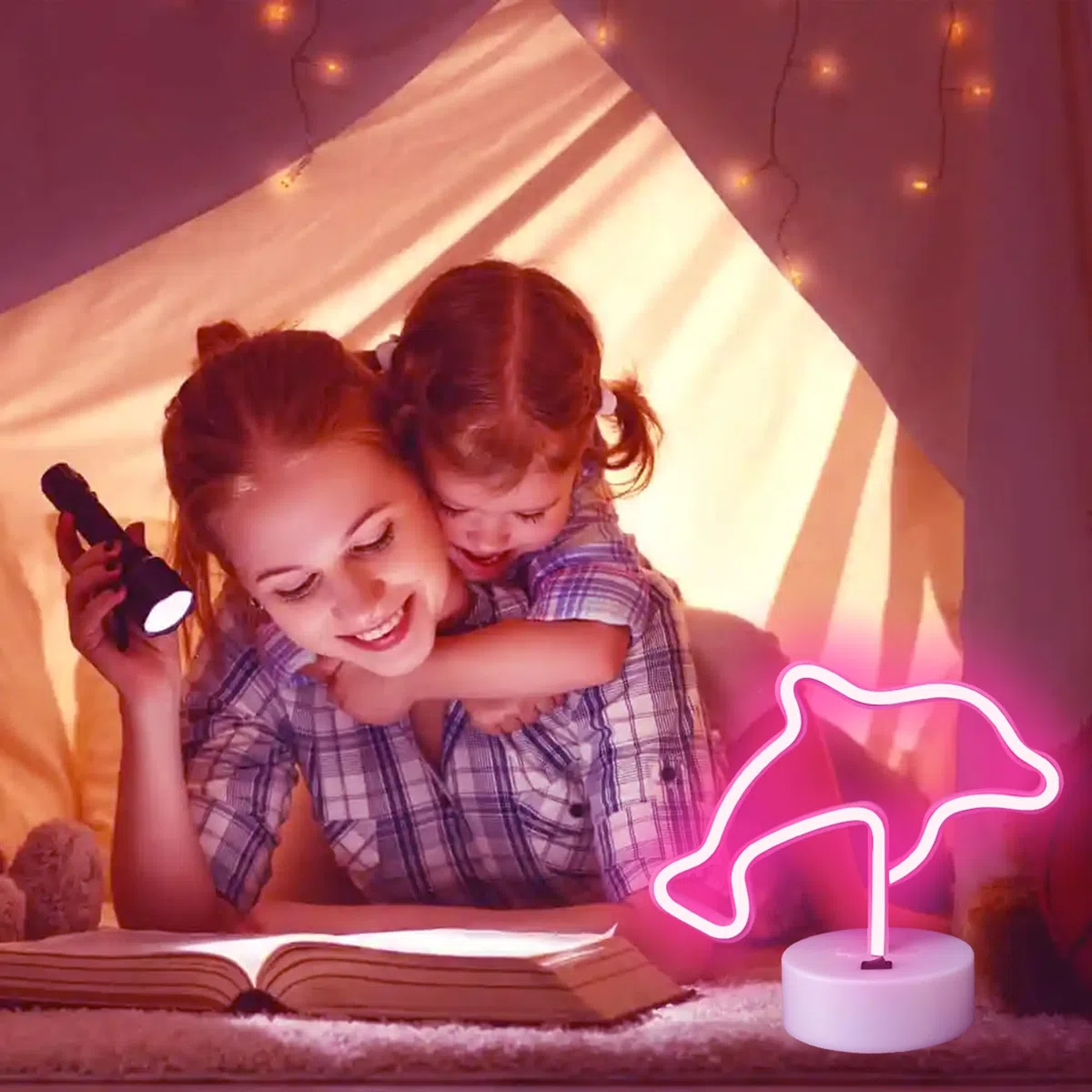 Aslanka Luce notturna a LED con delfino – USB/batteria, luce al neon per camera da letto, decorazione per bambini, decorazione del salone di anniversario (rosa)