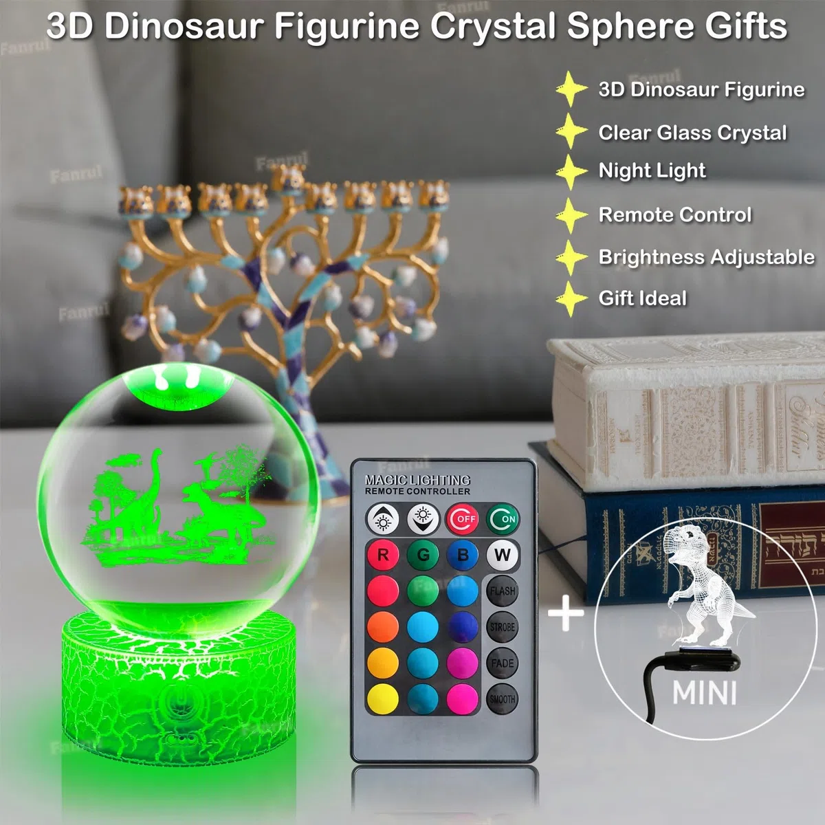 Fanrui Lampada Dinosauro | 3,15” Dinosauro Figurina Sfera di Cristallo | 16 Colori Cambia Lampada da Tavolo | Dinosauro Dimmerabile Telecomando Luce Notturna | Regali di Natale per Bambini Ragazzi