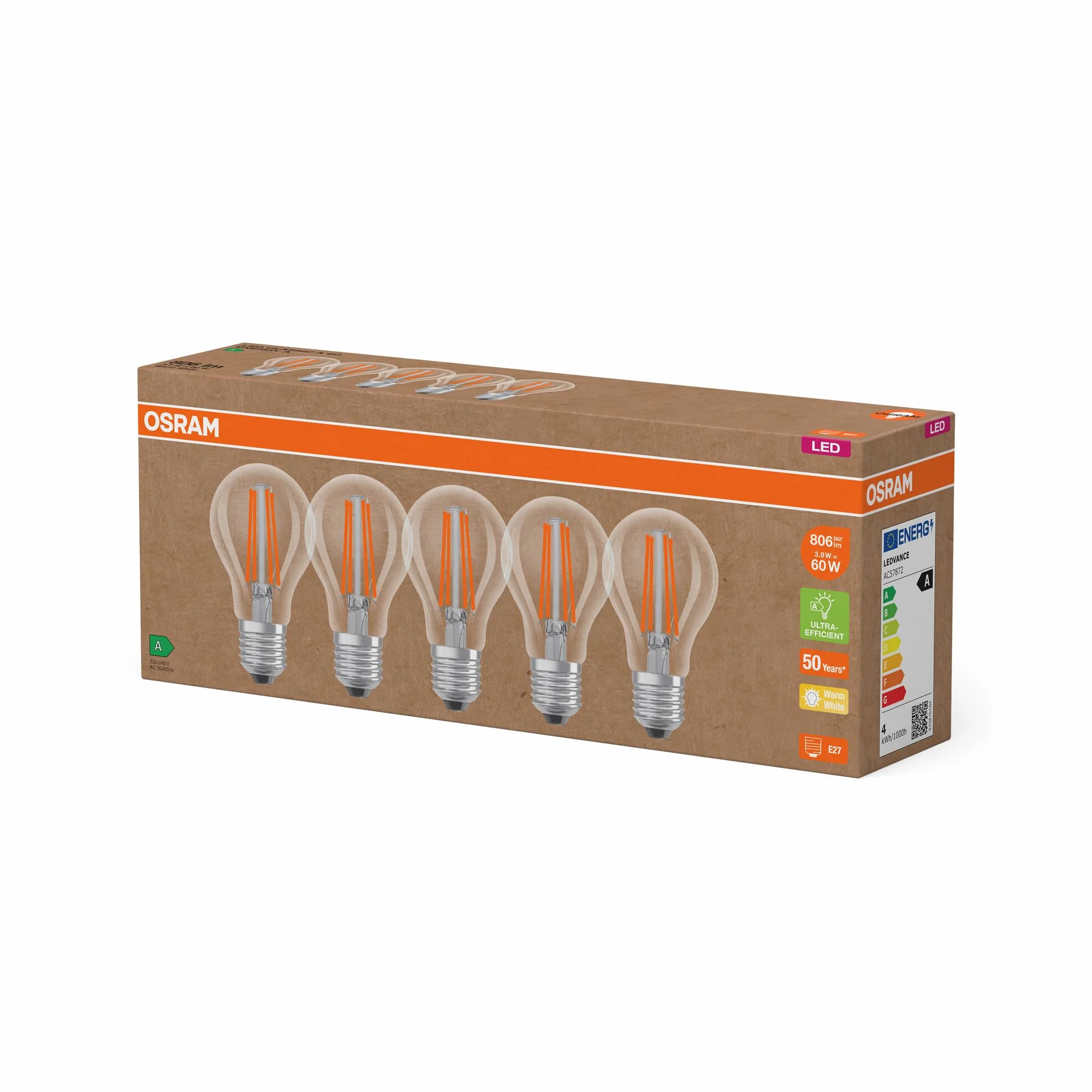 OSRAM Lampade LED ad alta efficienza con classe di efficienza energetica A, Confezione vantaggiosa con 5 lampadine, sostituzione 60W, bianco caldo (2700K), E27, vetro a filamento