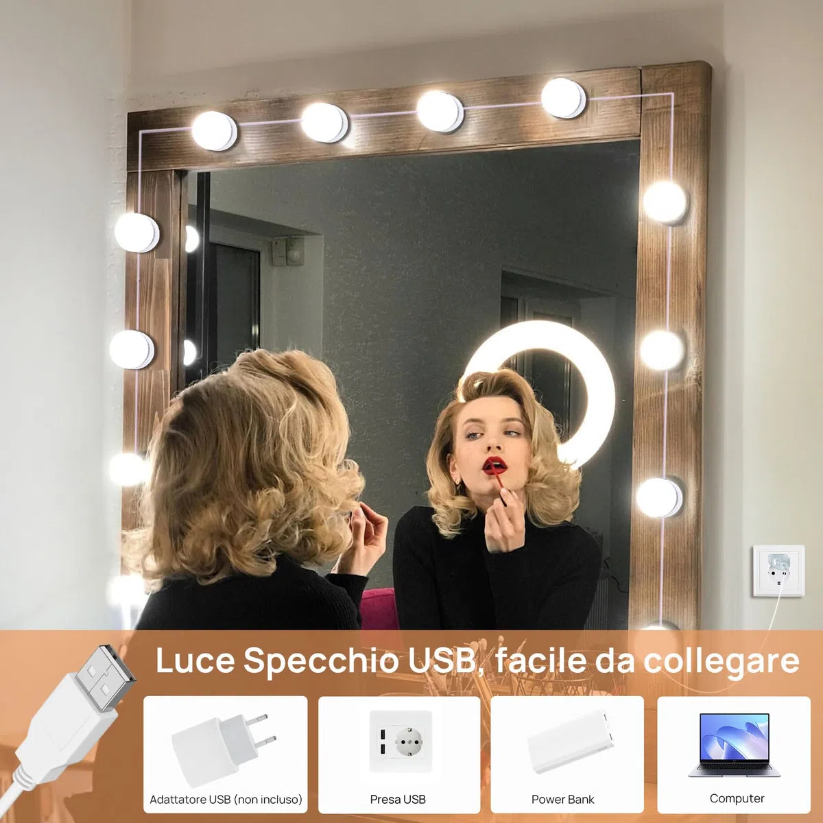 Akynite Luci Hollywood 14 Lampadine per Specchio Trucco, Filo Perfettamente Nascosti, 3 Colori e 10 Intensità Regolabile, Luci Make Up da Trucco Adesive, Kit Luce LED Specchio Camera da Letto