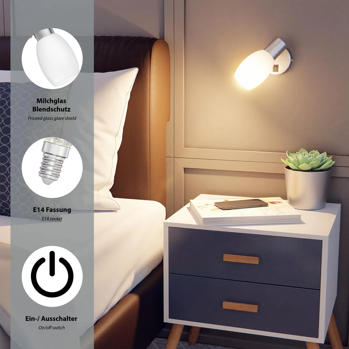 ledscom.de Lampada da lettura/parete LUPI, interruttore, acciaio inox opaco, 1x E14 max. 25W