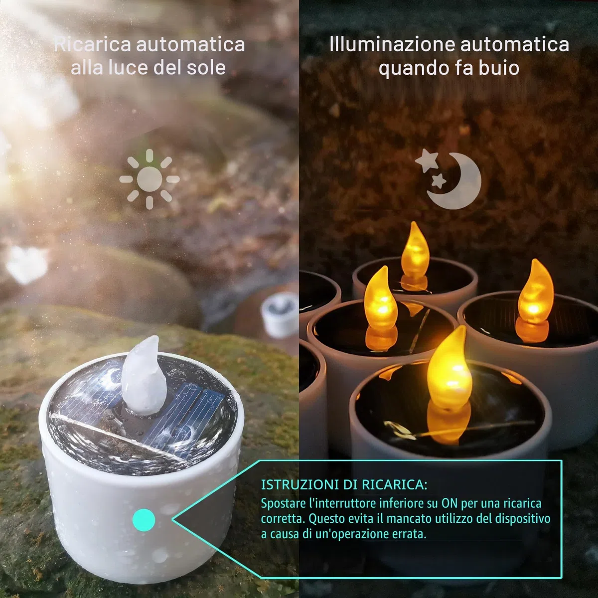 6 candele votive a LED impermeabili per esterni, alimentate a energia solare, ricaricabili, senza fiamma, tremolanti, solari con batteria, candele in plastica a LED per decorazioni natalizie
