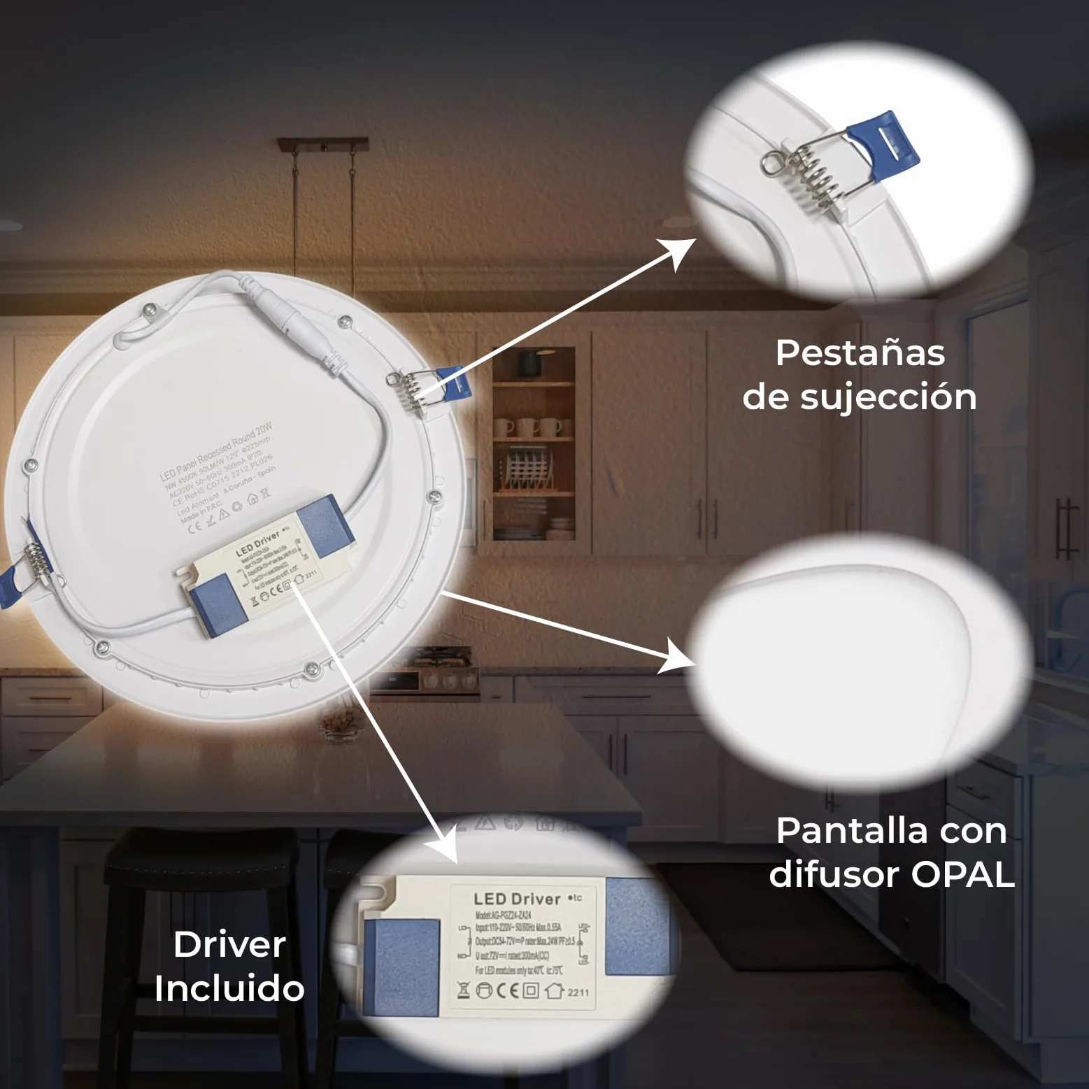 LED ATOMANT Confezione da 2 Pannello LED Downlight da Incasso Rotondo Piato 20W 220mm 1800lm, Colore Bianco Freddo (6500K), Driver incluso