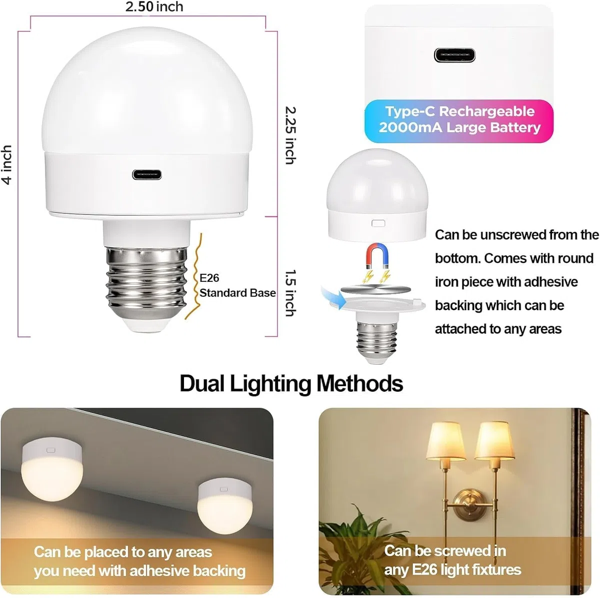 2 lampadine ricaricabili USB C con telecomando, lampadine a batteria da 3 W, 16 colori, dimmerabili, campeggio all'aperto, lampadina di emergenza con portalampada rimovibile E27