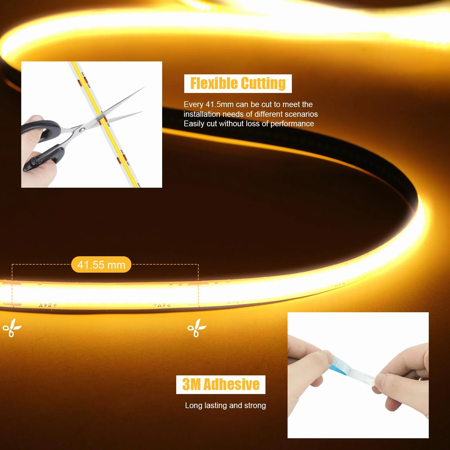 LED COB 3 metri, 320LEDs/m Dimmerabili Bianco Caldo 2700K, con Alimentatore, Telecomando RF, Nastro LED Flessibile Sotto Luce da Pavimento per Illuminazione Domestica Fai da Te
