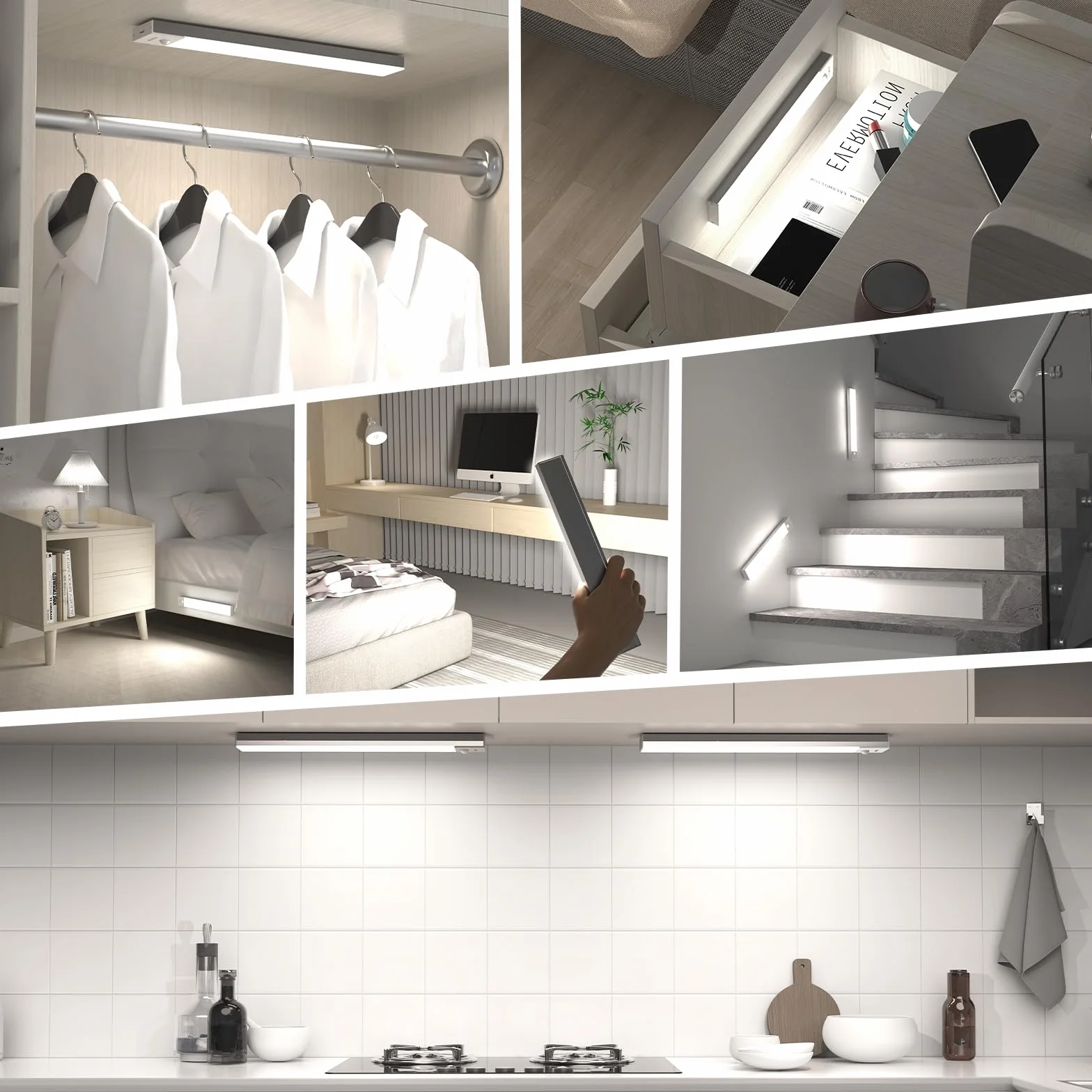 OUILA Luce Armadio LED con Sensore di Movimento Luci Notturna 36 LED 4 Modalità Lampada Guardaroba Luce da Esposizione 1000mAh USB Ricaricabile Cucina, Scale, Corridoio, Garage - 23cm*2 Pezzi
