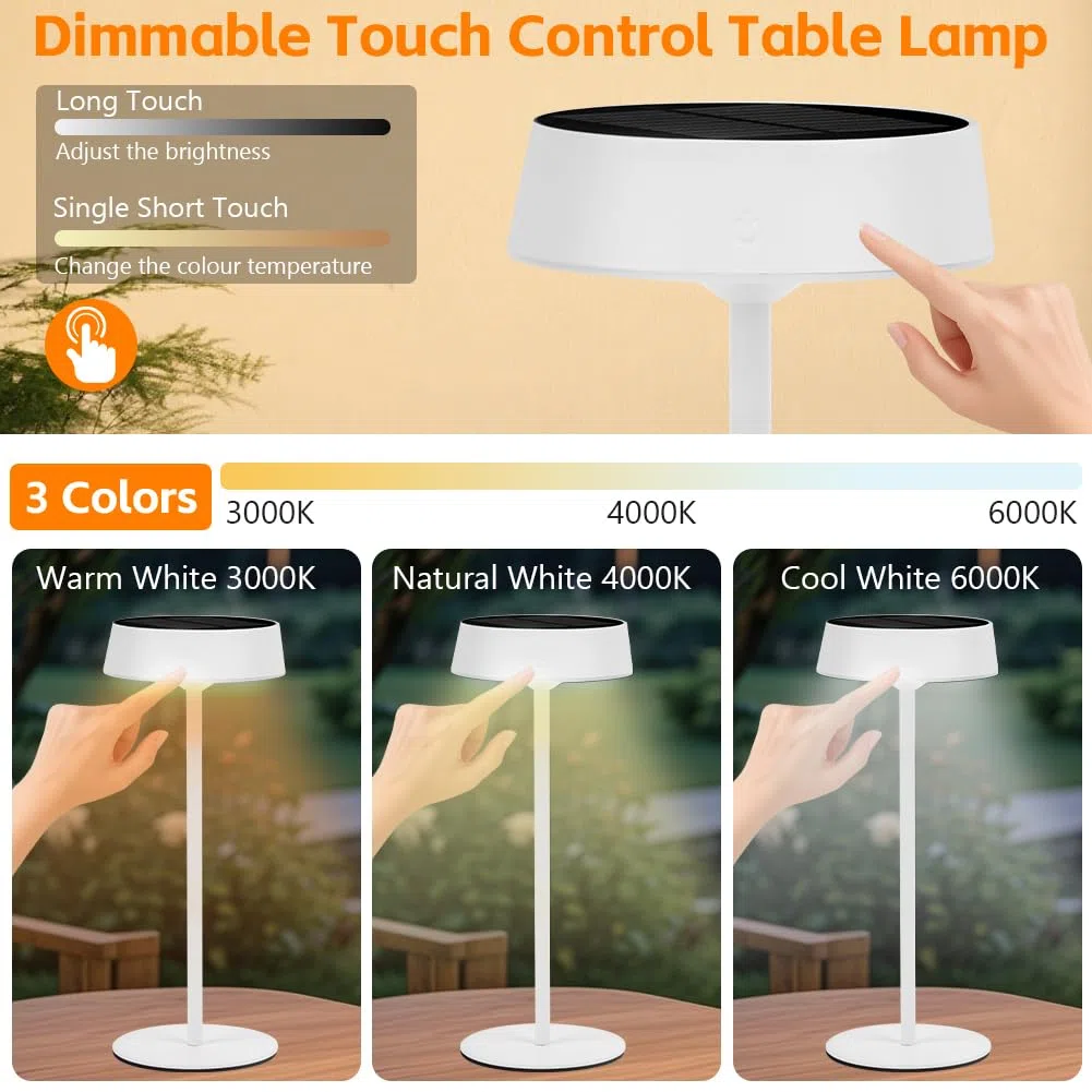 HOTUT Lampada da Tavolo Solare LED Dimmable all'aperto, Lampada da Tavolo a LED Senza Fili per Interni ed Esterni, Carica Solare e USB 2 in 1, IP65 Impermeabile, per Giardino Campeggio Camera da Letto