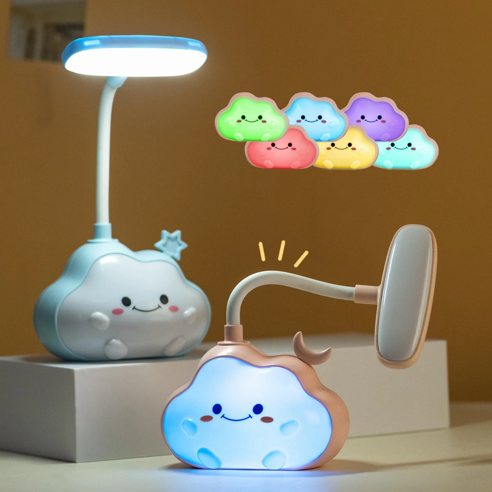 Wetry Luce Notturna Nuvola Lampada da Scrivania per Bambini, Ricaricabile, con Luce Multicolore, Braccio Flessibile (Luna Blu)