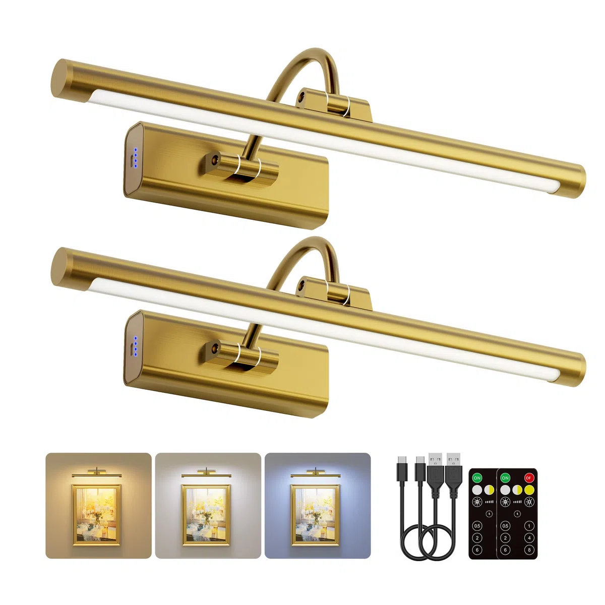 Confezione da 2 luci artistiche in ottone da 40,6 cm, 6000 mAh, ricaricabili a batteria, illuminazione wireless per casa, galleria, ufficio, soggiorno e camera da letto