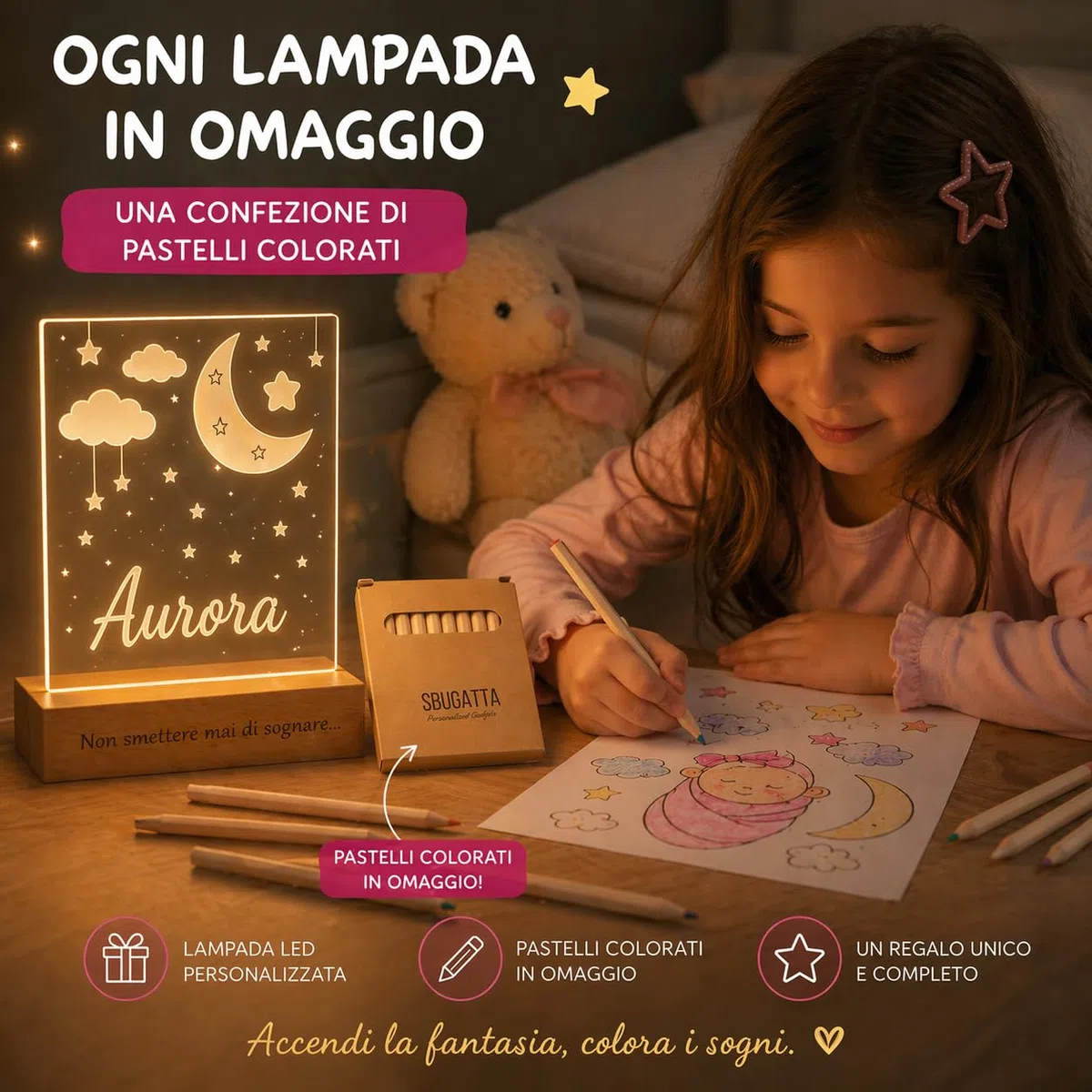 SBUGATTA |Lampada Personalizzata Con Nome |Lampada Notturna Bambino Bambina Neonato |Luce Notturna Personalizzata Bambini |Regalo Battesimo Bimbo Bimba|Regalo Nascita Bimbo Bimba (Luna-Nuvole)