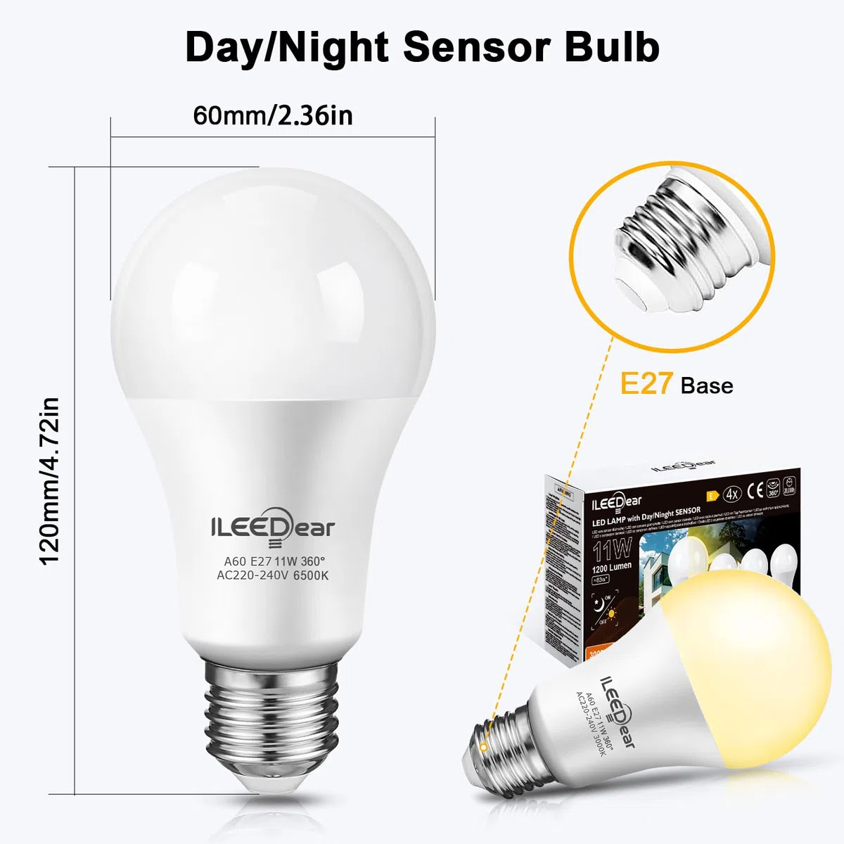 lampadina crepuscolare da esterno 11W, lampadina led e27, con sensore crepuscolare automatico, luce calda 3000K, per Veranda Giardino Porta d'ingresso Corridoio 4 pezzis