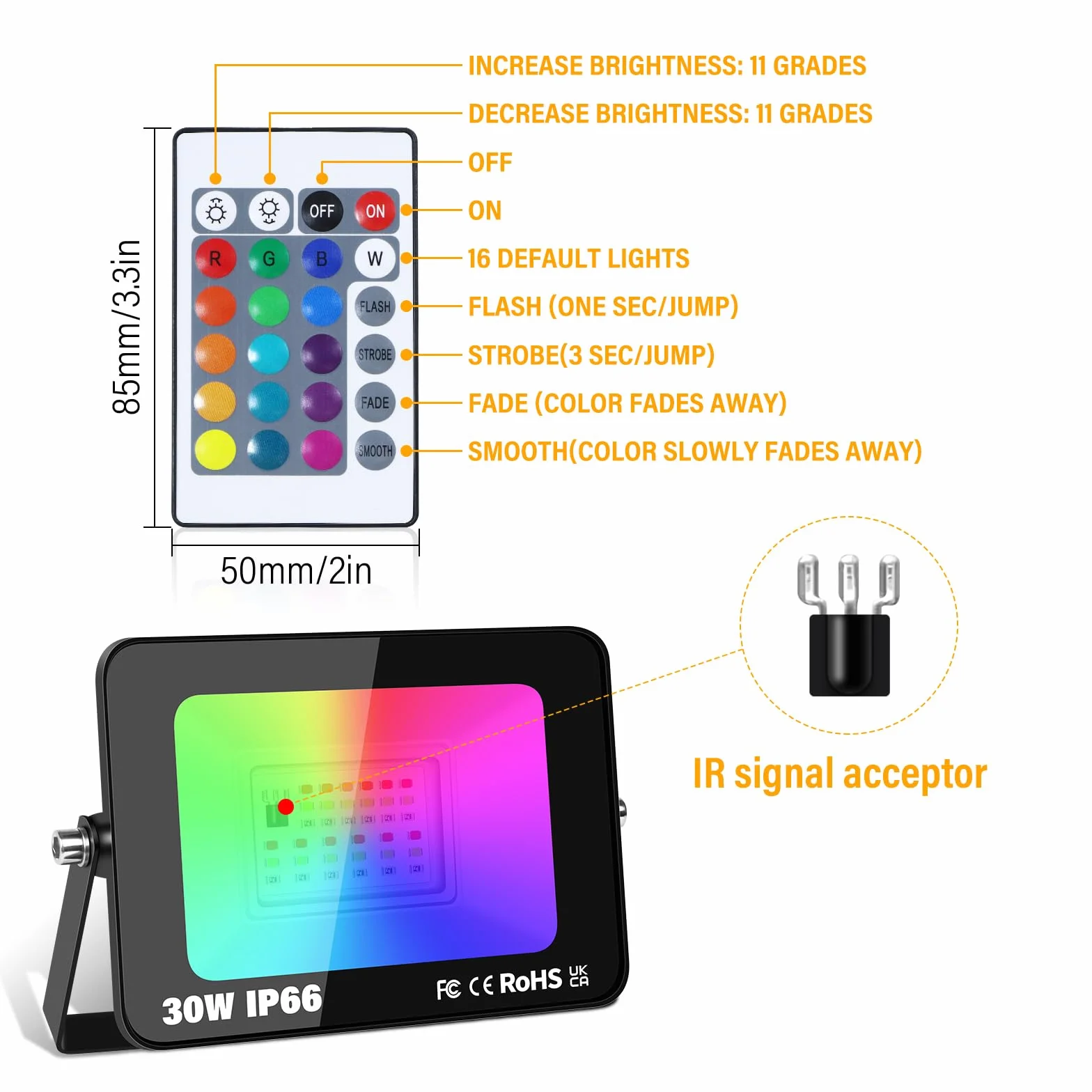 RIGIDON 1 pezzi 30W Faretto LED RGB con Telecomando, Proiettore 16 Colori 4 Modalità Funzione di Memoria Proiettore da Interno Esterno, Impermeabile IP66 Faretti LED per Halloween Natale Giardino