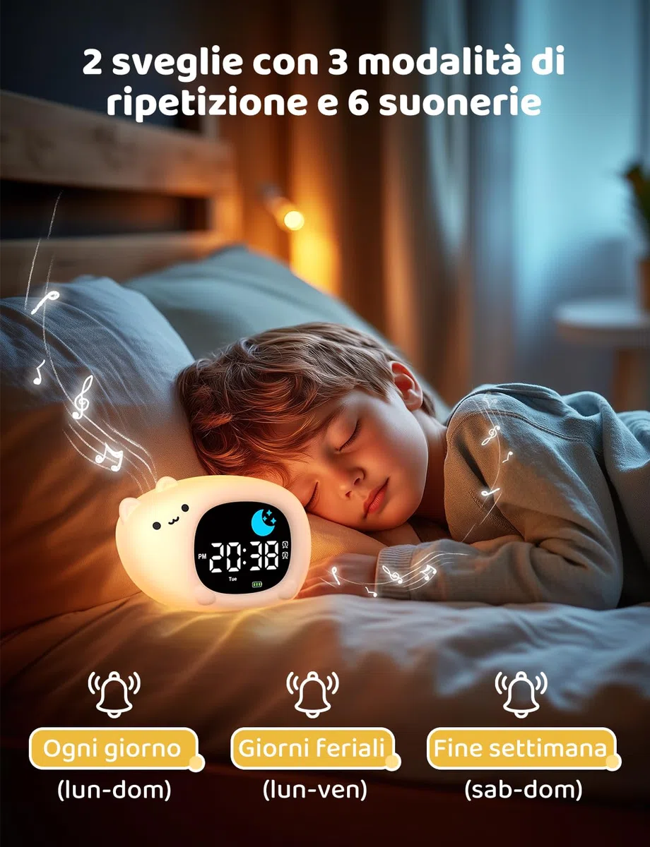 YISSVIC Sveglia Bambino Educativo Giorno Notte 2 Allarmi 12/24 Ora Snooze 10 Canzoni Luminosità dello Schermo Regolabile Sveglia Luminosa 7 Colori Spegnimento Automatico, Forma di Gatto