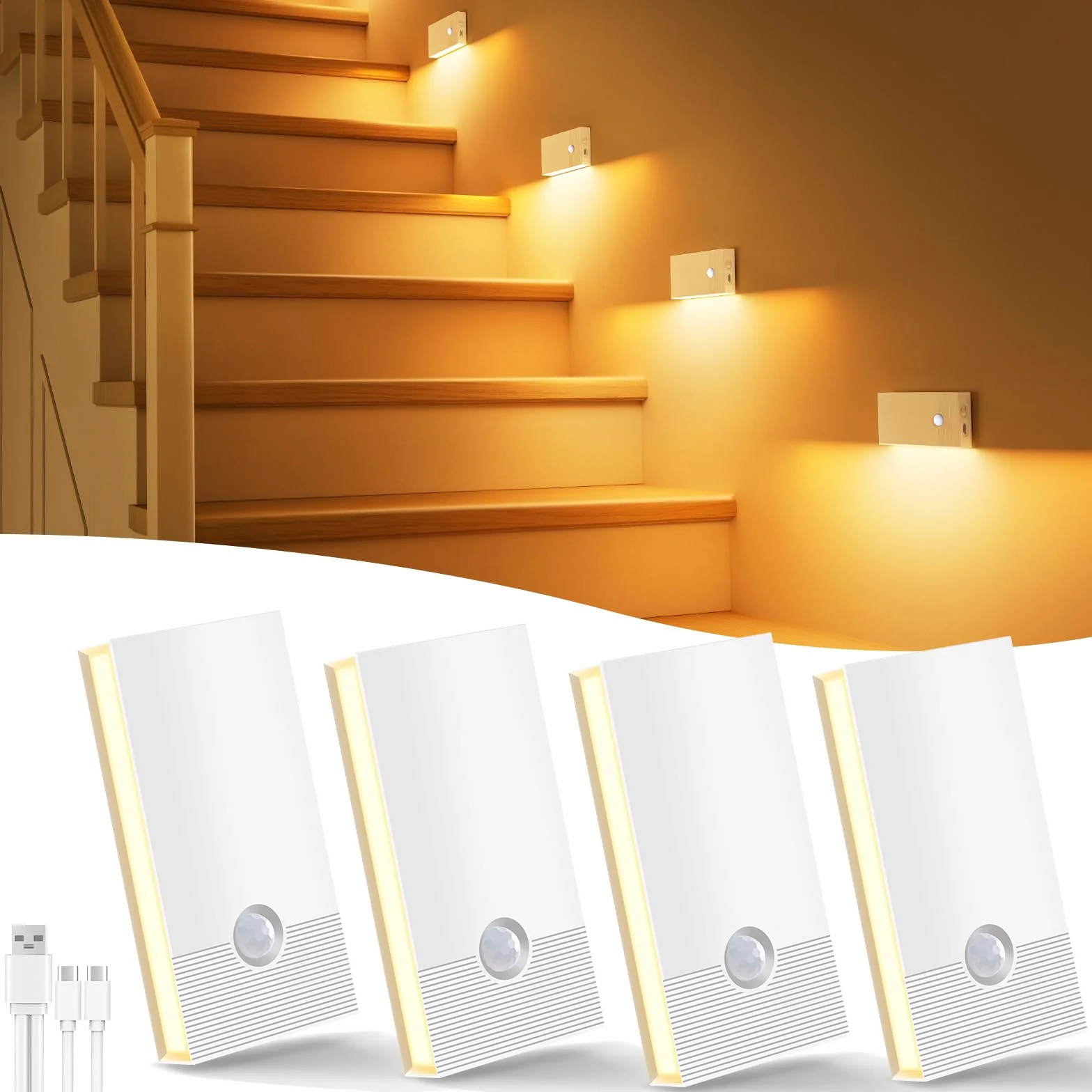 Luce Notturna con Sensore di Moviment, 4 Pezzi Ricaricabile Luce Notturna a Led ON/OFF/AUTO Modalità, 2700K Bianco Caldo Luce Bambini per Scale Corridoio Camera da Letto Soggiorno