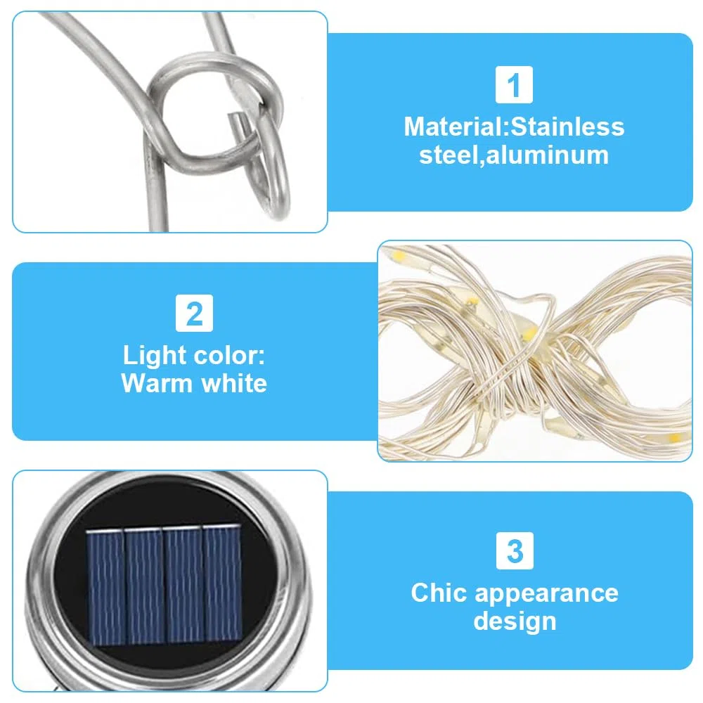 4 pezzi di ricambio per luci solari, Mason Jar, lanterna coperchio, lampada solare Mason Jar Light, lampada solare per esterni, con 30 lampade a LED e ganci, coperchio per giardino, albero