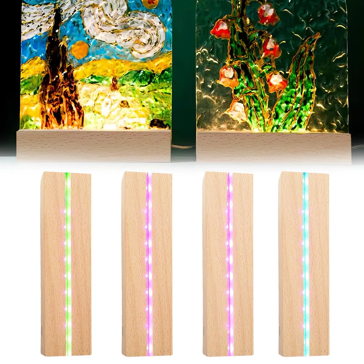 Set di 4 supporti di base LED USB in legno con base a LED da scrivania, con interruttore USB, per piastre acriliche fai da te, per vetro smerigliato, piastra di cristallo