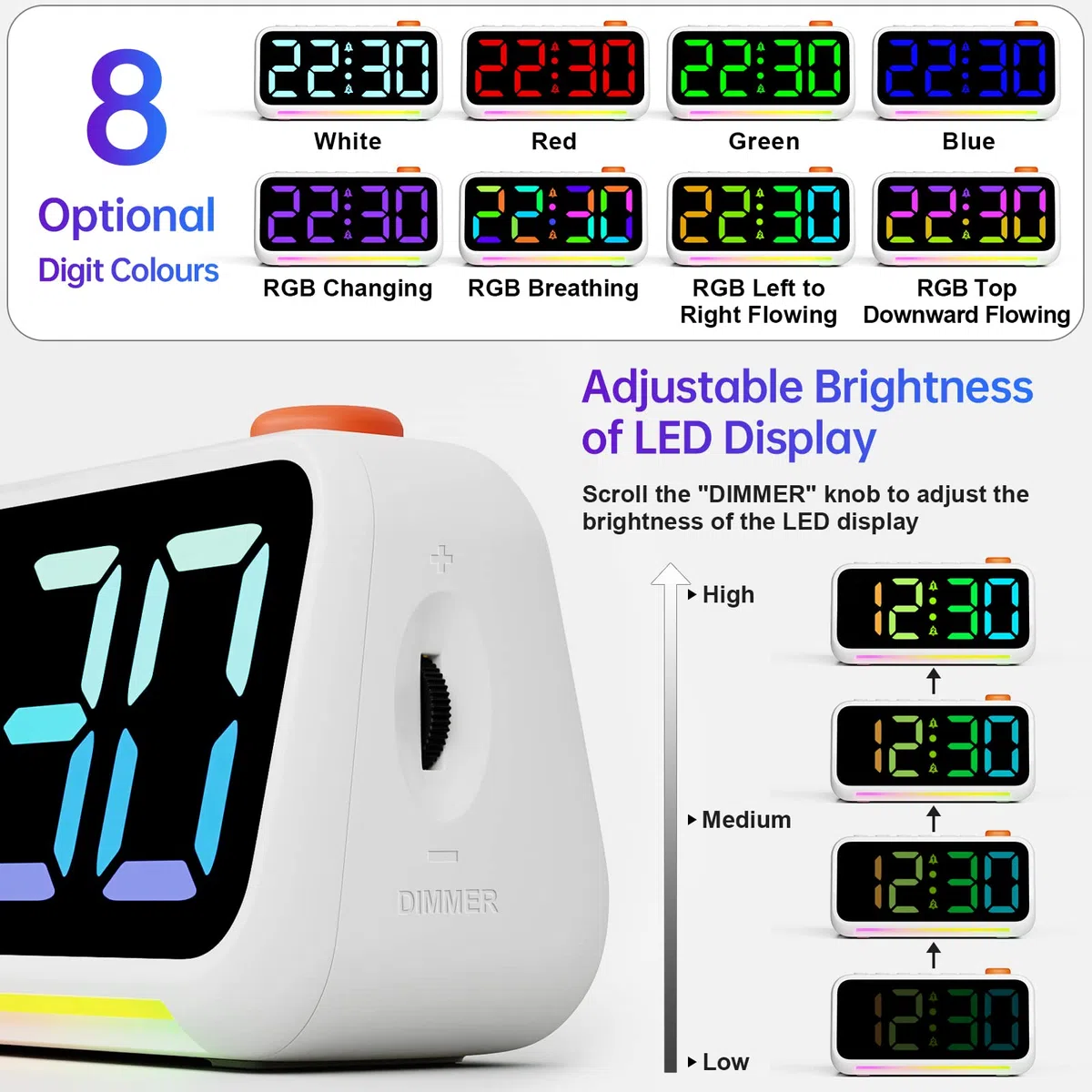 CHEREEKI Sveglia Digitale da Comodino LED con Luce Notturna RGB Dinamica, Luminosità e Volume Regolabili, 2 allarmi, Funzione Snooze, Sveglia Elettrica Adatta a Bambini e Adulti