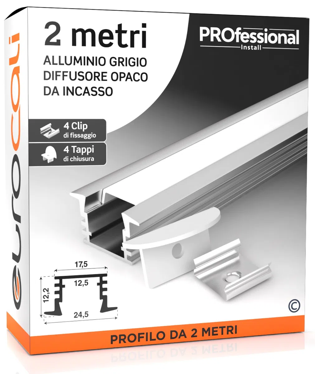 Eurocali 1x Profilo Angolare da 2 metri (2mt) in Alluminio grigio per Strisce LED Copertura Opaca larghezza max striscia led 12.5mm - 24.5 x 12.2
