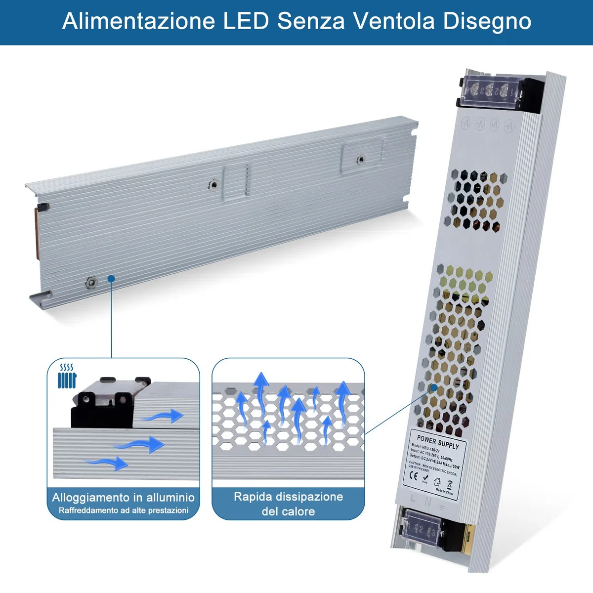 Trasformatore LED 24V 150W 6.25A, Alimentatore Switching Stabilizzato IP20 Slim, Driver AC110/220V a DC 24V per Strisce e Lampadine