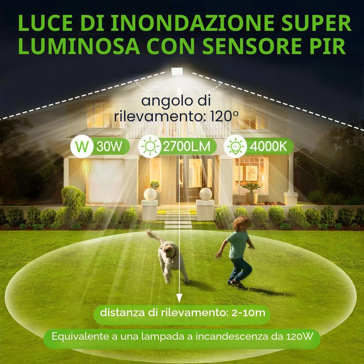 Aigostar Faretto LED con Sensore di Movimento PIR,30W 2700 LM Faro LED Esterno,Bianco Natural 4000k,IP65 Impermeabile Faretti LED para Giardino, Cortile,Patio,Garage,Jardín