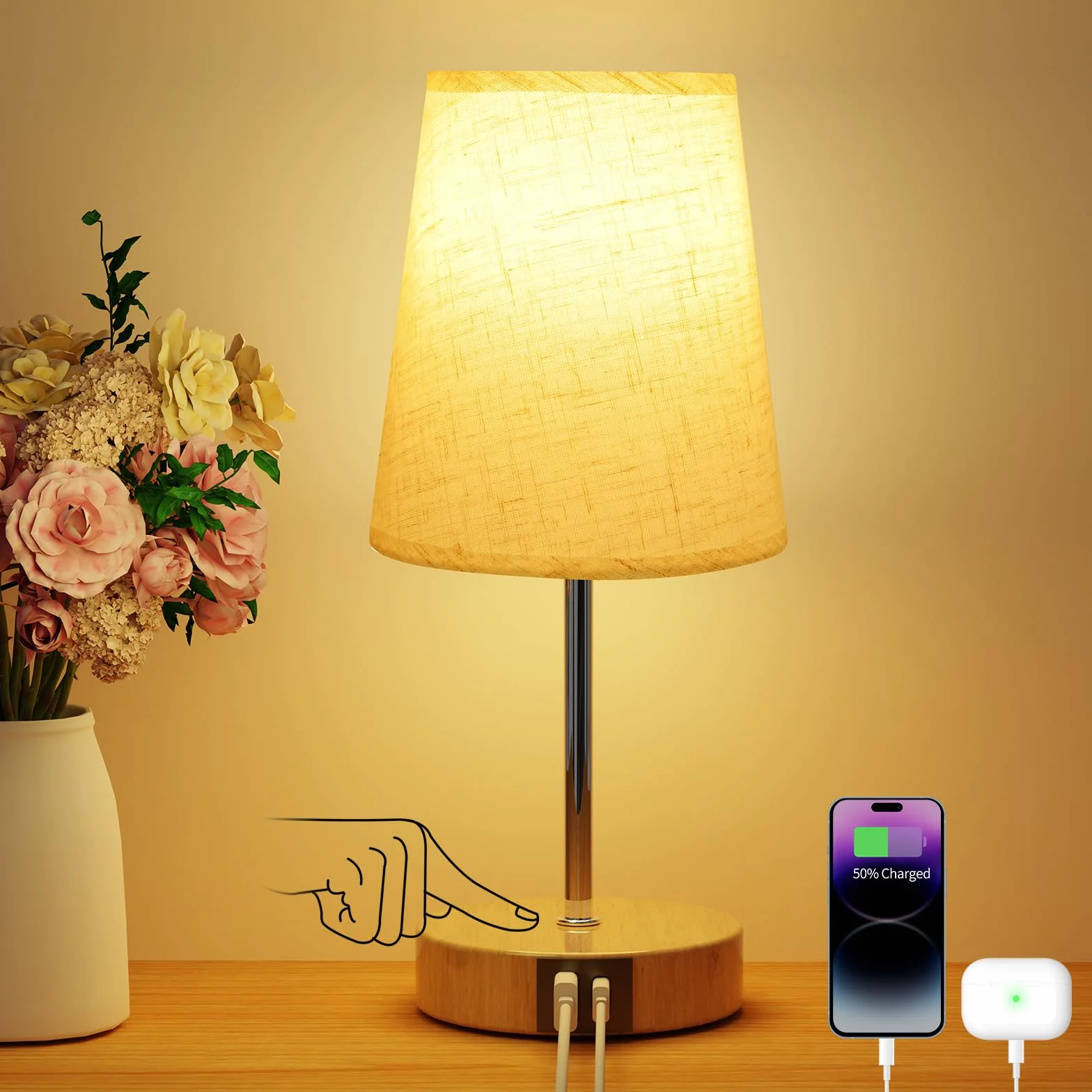 Suright Lampada da Comodino con Controllo Touch e 3 Livelli di Luminosità, Abat Jour da Comodino con Porte di Ricarica USB A+C, Lampada da Tavolo per Camera da Letto Soggiorno (Lampadina Inclusa)
