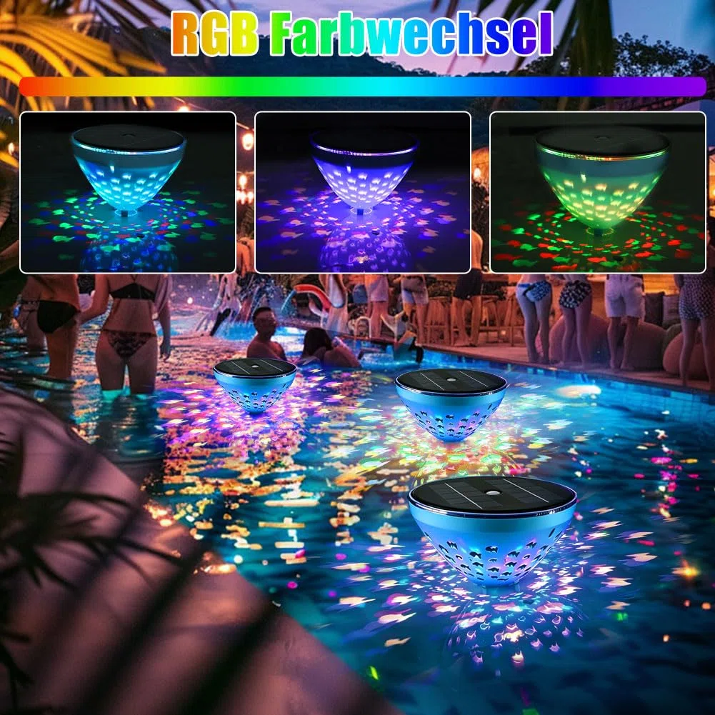 Illuminazione solare per piscina galleggiante – RGB cambia colore luce LED piscina con proiezione di pesce – IP68 impermeabile e rilevamento automatico del crepuscolo | Lampada solare per piscina da
