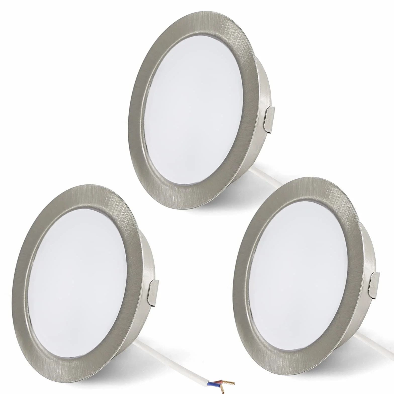 Set di 3 Faretti LED da incasso per mobili, 12V 3,5W G4 3000K 300LM, cavo di collegamento da 15 cm, faretto da incasso, dimmerabili, in acciaio inox spazzolato, al posto delle lampade a alogene