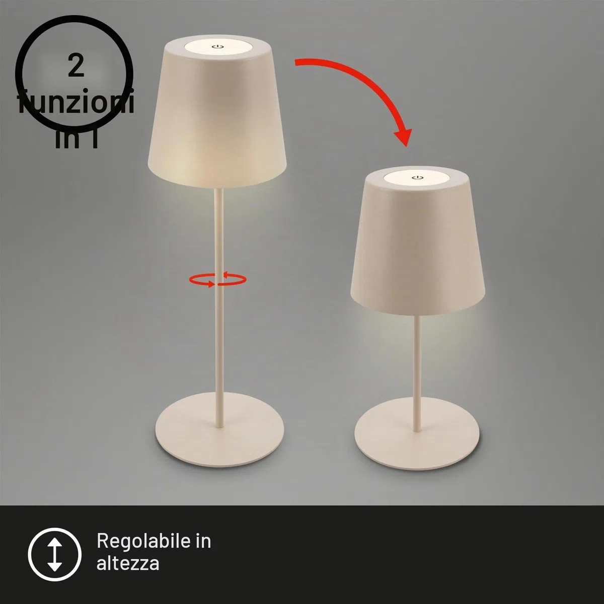 BRILONER - Lampada da tavolo LED senza fili con touch, dimmerabile a passi, regolabile in altezza, lampada da comodino, lettura, campeggio, ricaricabile, esterno, 36x10,5 cm, beige