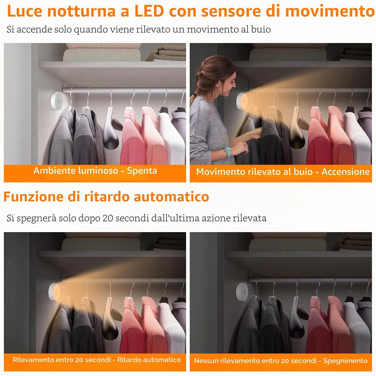 daphomeu 6 pezzi Luce notturna con sensore di movimento, 3 batterie AAA, illuminazione dell'armadio, sensore di movimento de interno per scale, camera da letto, cucina, sottopensile .(luce calda)