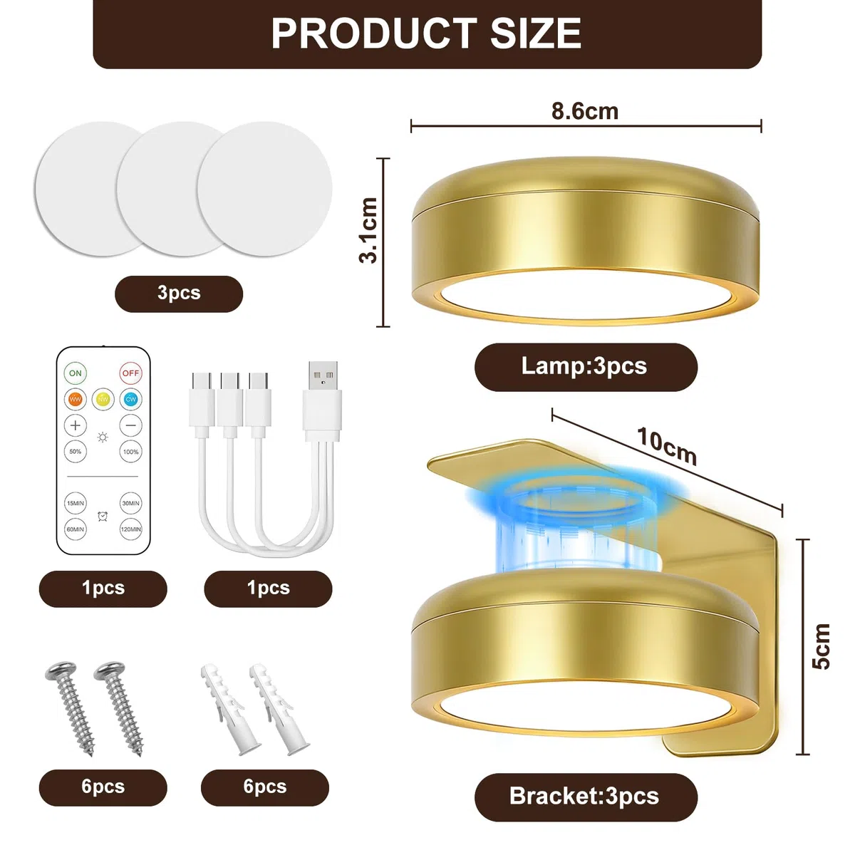 3 Pezzi Luce per Quadri Senza Fili con Telecomando, 3 Colore Luci per Quadri Senza Fili Batteria, Luci LED Magnetiche Wireless per Esposizione Pittura Vetrina (Oro)