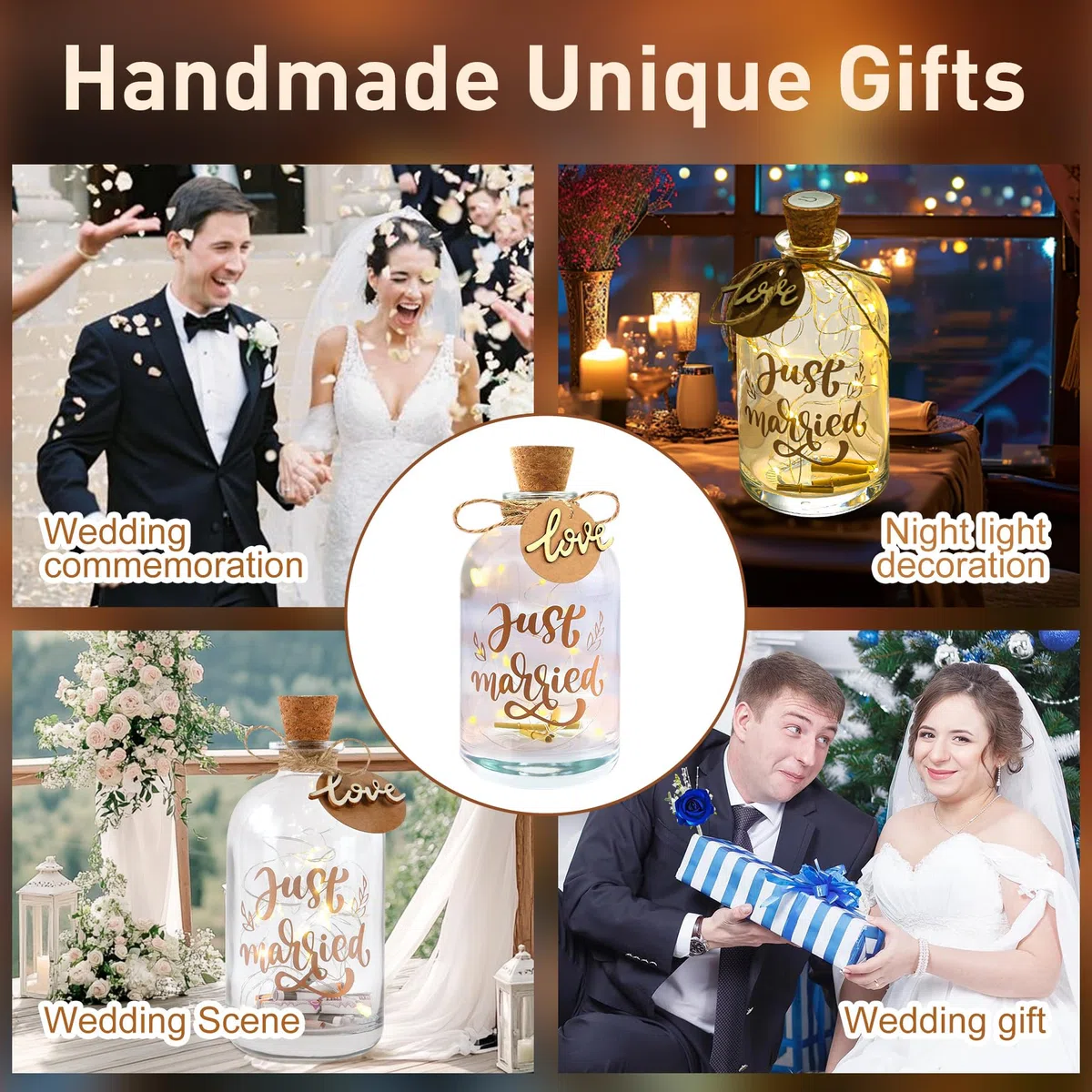 Bottiglia Luminosa a LED per Matrimonio，Bottiglia Luminosa per Soldi，Bottiglie Luminose Vetro Regalo (Just Married)