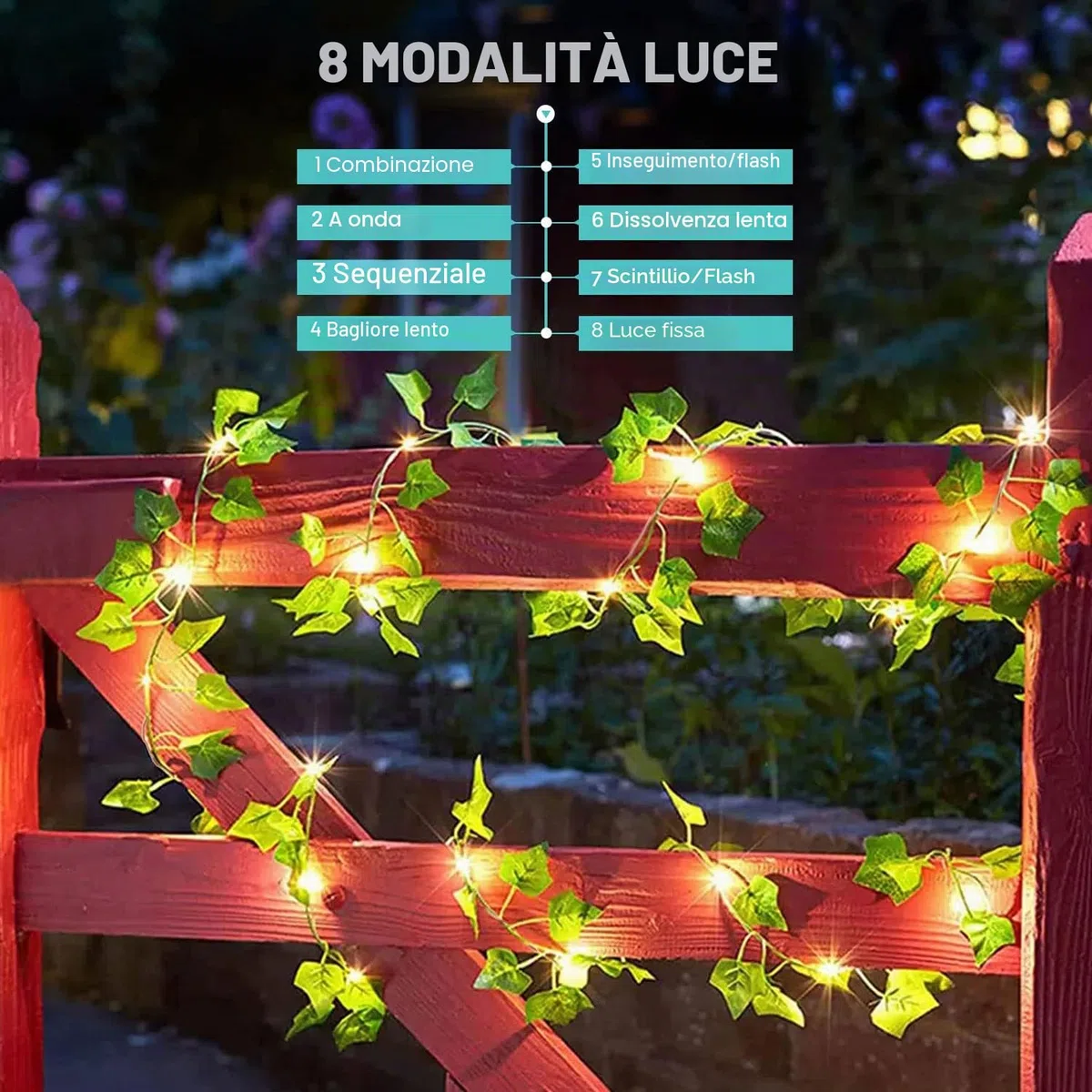 Bigzom Edera finta da esterno solare, 6M 60LED Edera artificiale, Catena luminosa solare da esterno con 8 modalità di illuminazione, Decorazioni per giardini, pareti e matrimoni