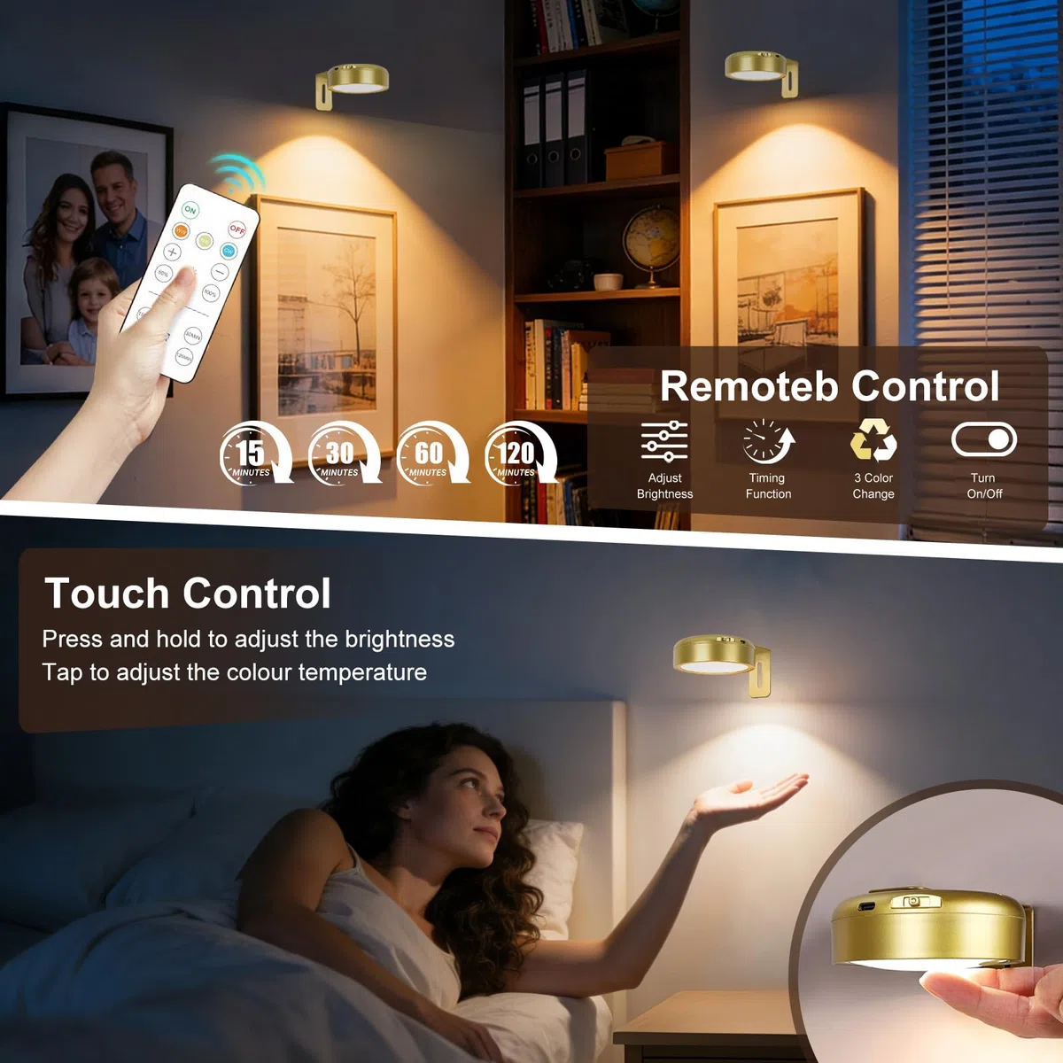 3 Pezzi Luce per Quadri Senza Fili con Telecomando, 3 Colore Luci per Quadri Senza Fili Batteria, Luci LED Magnetiche Wireless per Esposizione Pittura Vetrina (Oro)