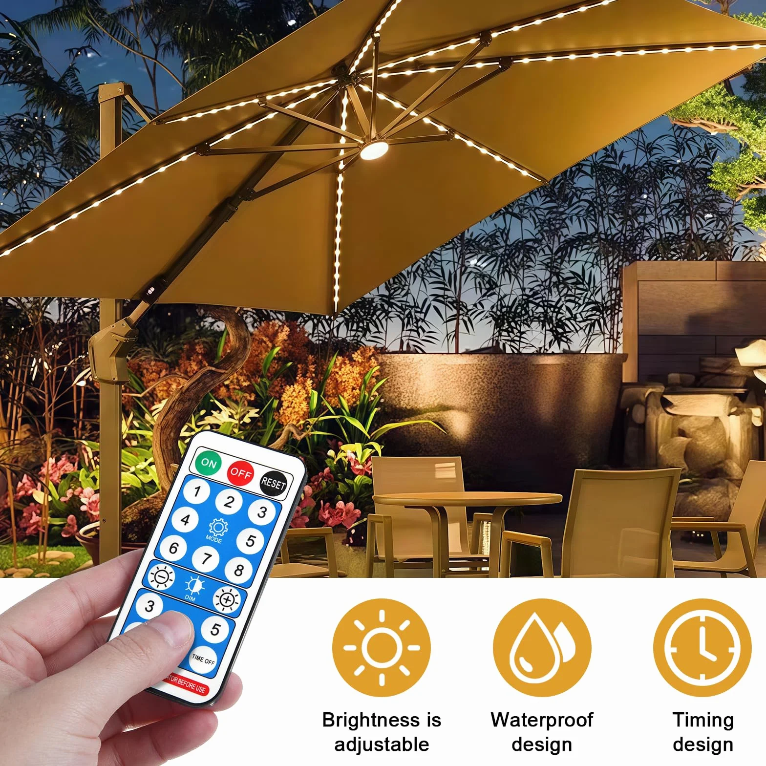Catena di luci per ombrellone solare, illuminazione con telecomando, LED 8 modalità, 104 LED, luce, IP67, impermeabili da giardino, baldacchino