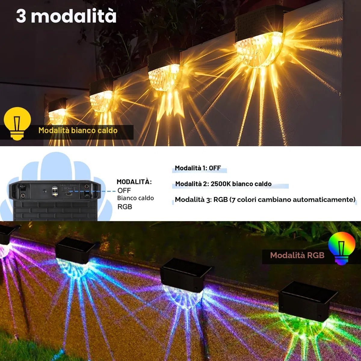 FIFlying Luci Solari da Giardino, 6 Pezzi Luce Solare Led Esterno, IP65 Impermeabile Lampade Solari da Esterno, 3 Modalità, Auto ON/OFF per Gradini Cortili Prato Vialetto, Bianco Caldo/RGB