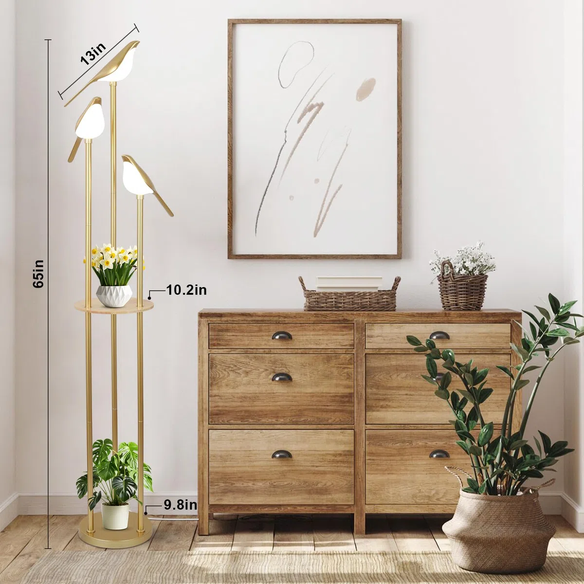 Lampada da terra dorata per soggiorno con ripiani - Lampada da terra moderna di metà secolo con 3 luci LED regolabili a forma di uccello, lampada ad angolo alto con tavolo, supporto