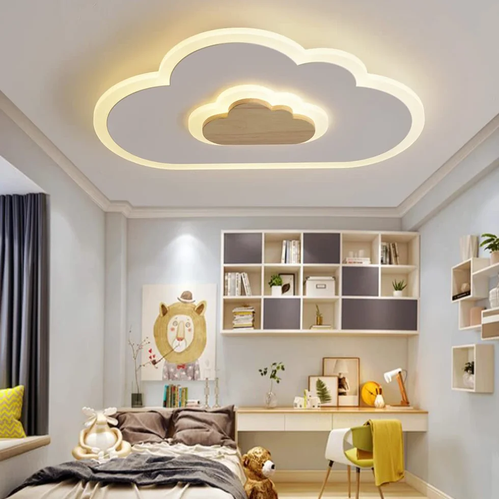 Plafoniera a LED lampada da soffitto creativo nuvole,con telecomando dimmerabile legno lampadario bambini 20W bianche moderne Plafoniera per soggiorno camera da letto camera dei bambini,40cm
